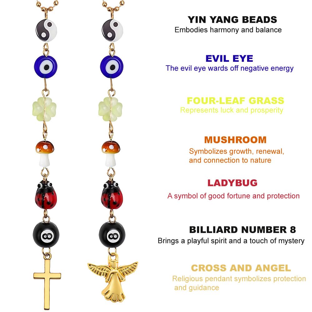 2pcs Car Rear View Mirror Hanging Accessories Cross Angel Evil Eye Charm Ladybug 8 Ball Mushroom Four Leaf Clover Yin Yang Symbo