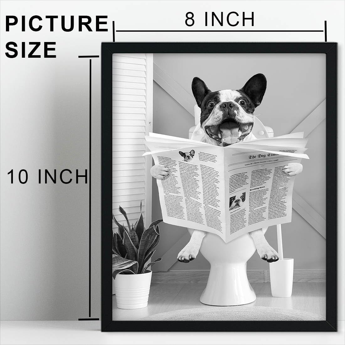 Biufo Framed Wall Art Dog On Toilet Wall Decor Canvas Print Poster Black White Picture For Bathroom Bedroom (8''X10'')