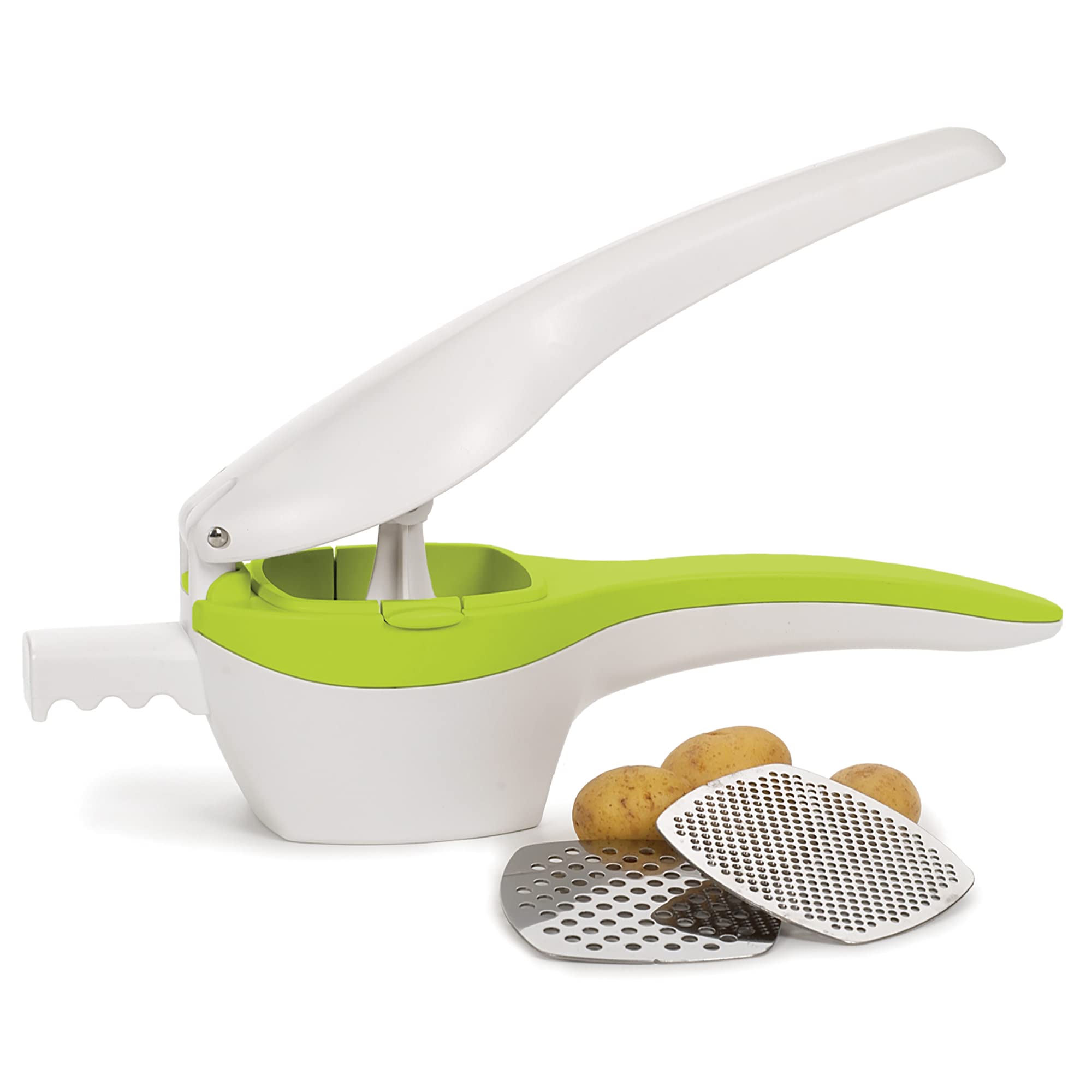 Rsvp International (Spud) Potato Ricer, White/Green | Mash Potatoes, Fruits, Vegetables & More | Includes Medium & Coarse Plates