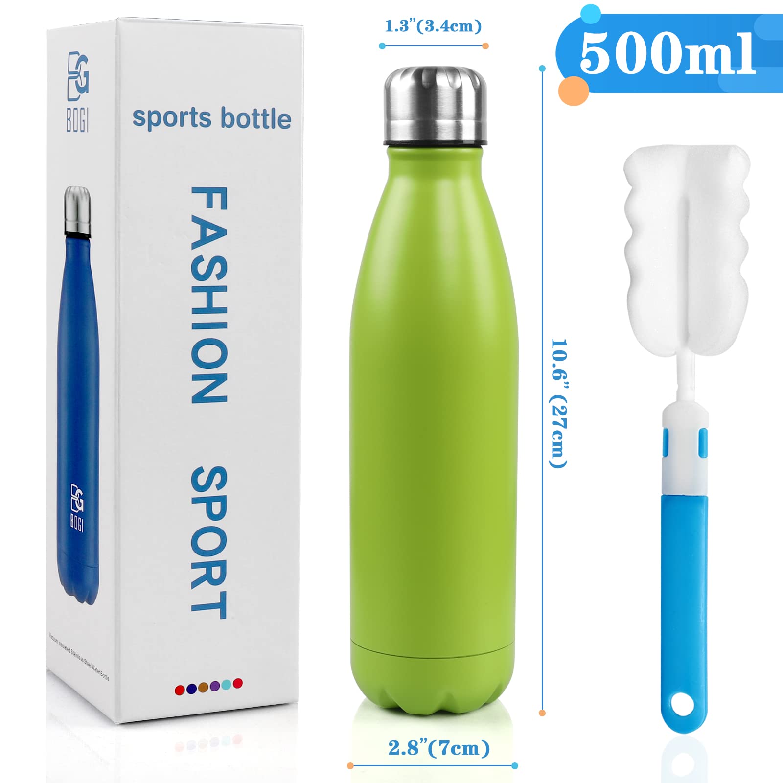 BOgI 17oz Insulated Water Bottle Double Wall Vacuum Stainless Steel Water Bottles  Leak Proof Metal Sports Water Bottle Keeps Drink Hot and cold - Perfect for Outdoor Sports camping Biking (green)