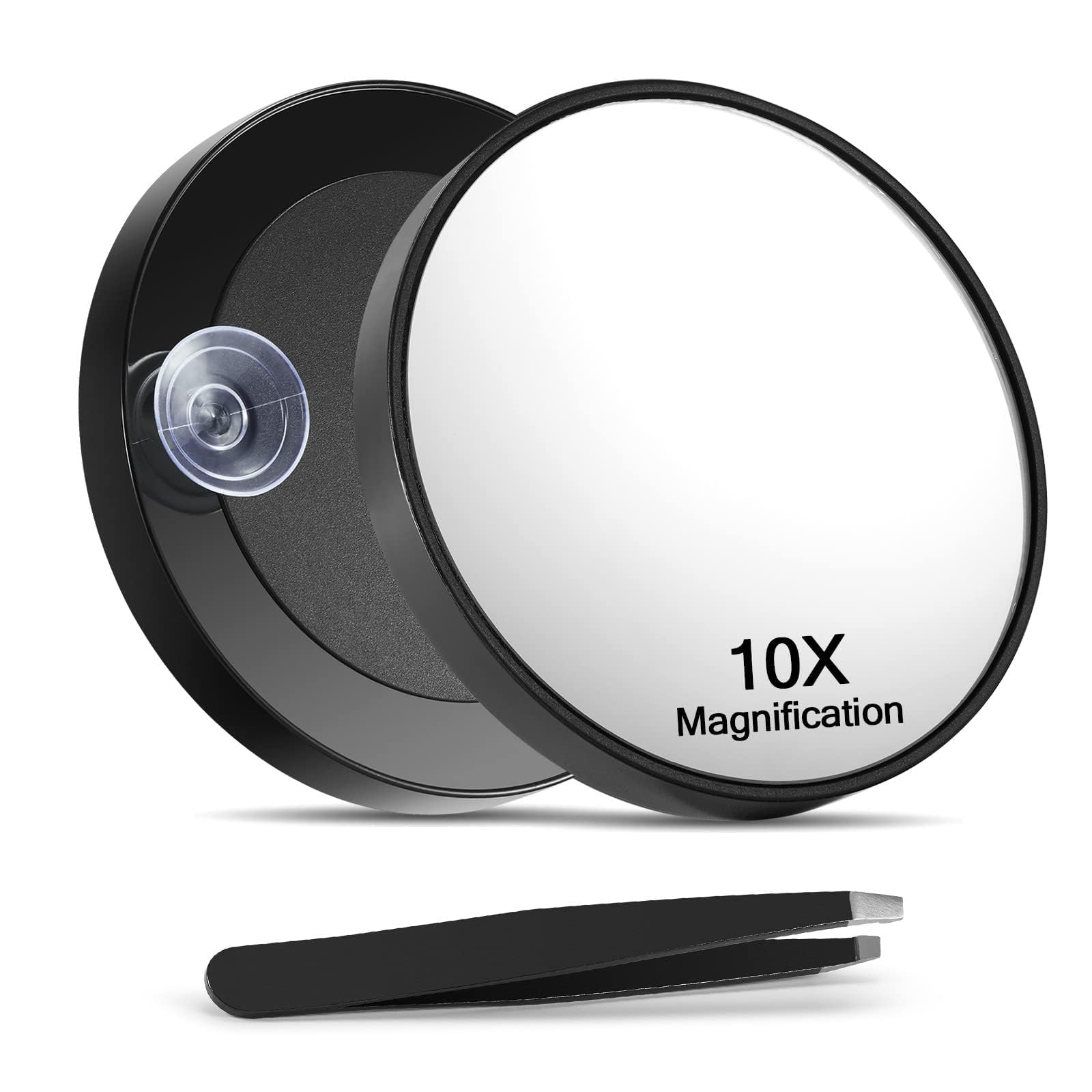 Macaki 10X Magnifying Mirror With 2 Suction Cups, 3.5 Inches Magnified Makeup Mirror And Slant Tweezers,Black,1Pc