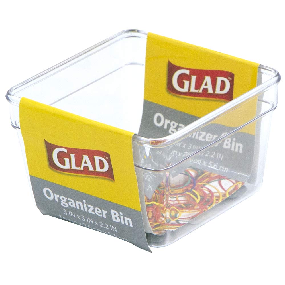 Glad Plastic Drawer Storage Tray - Heavy Duty Organizer Bin For Home, Kitchen, Bath, Bedroom, Office Non-Slip Feet, Clear, 3 X 3