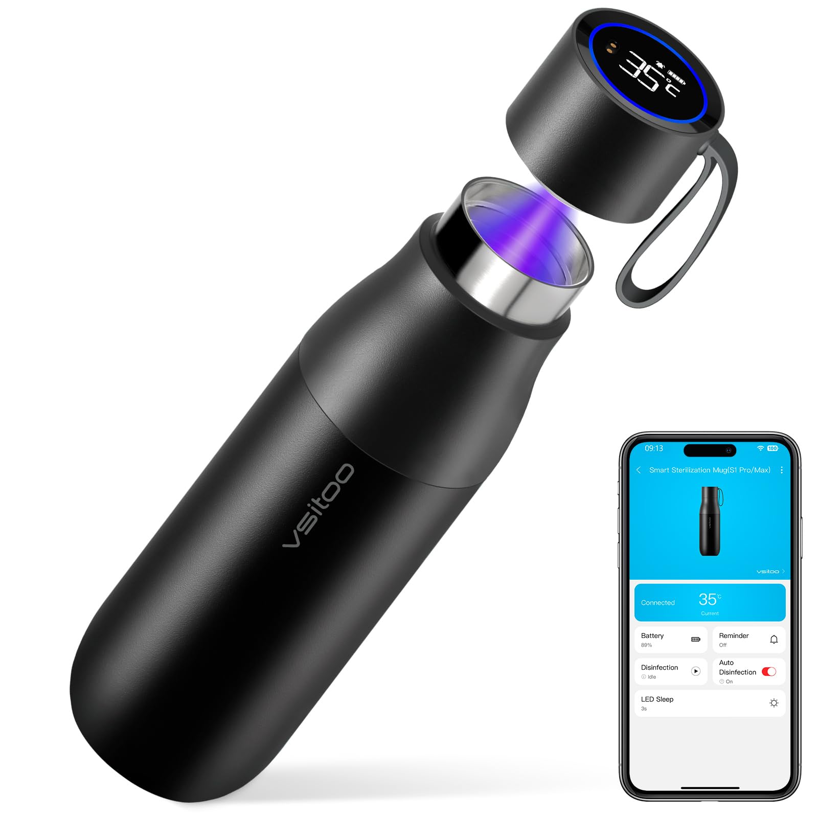 VSITOO 15oz Mini Smart Water Bottle,Self-Cleaning Insulated Bottle, Small Thermoses with AI, App & Touchscreen, Perfect Purse Wa