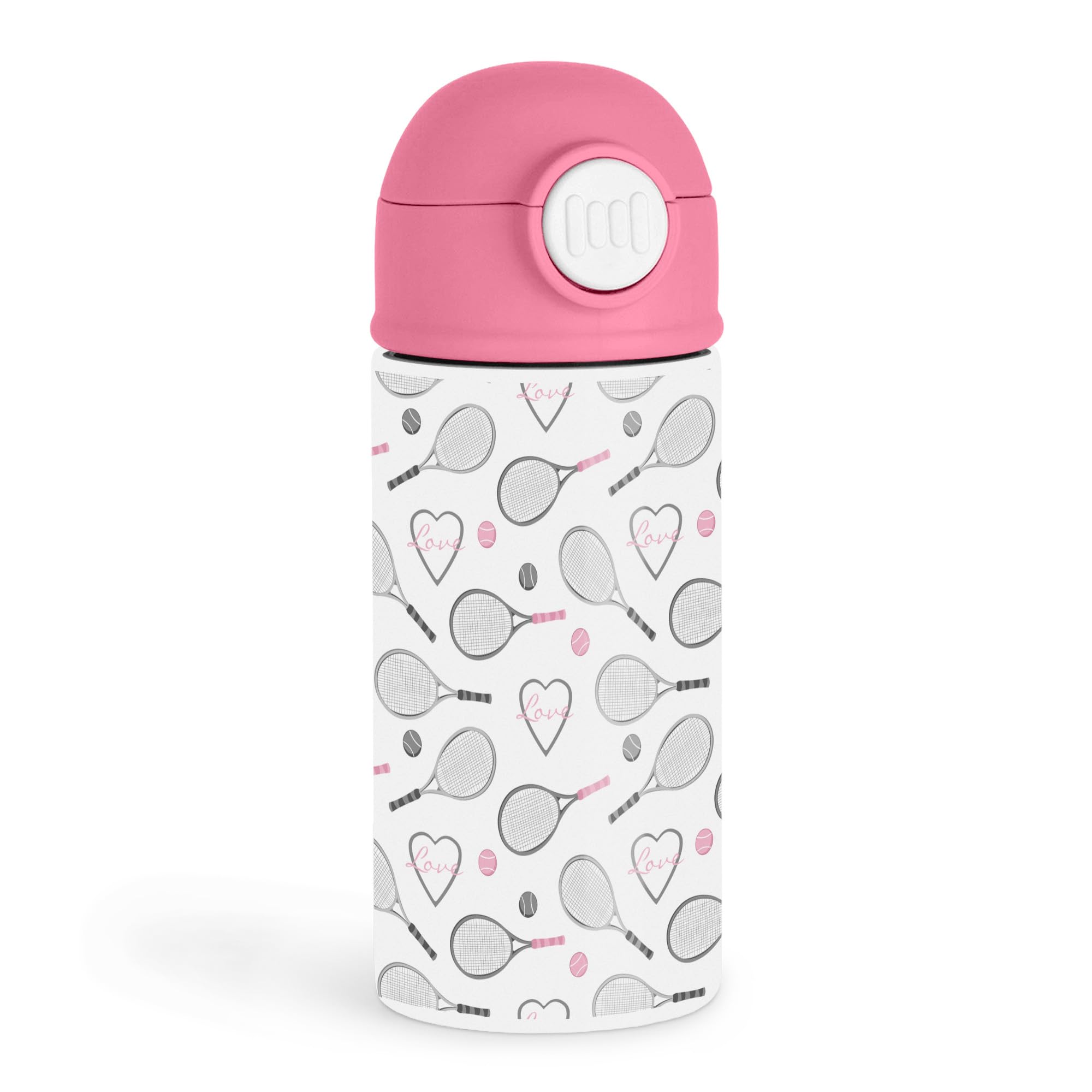 Sweet Tennis Player 12oz Kids Pink Bottle  Gray tennis rackets with pink hearts  Tennis Practice, School Day