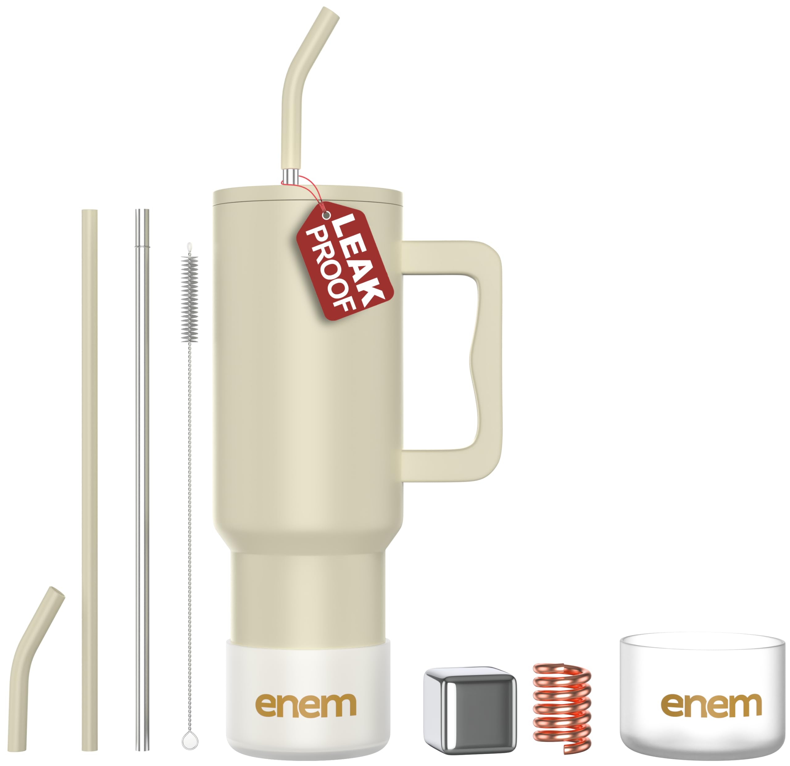 Enem Tumbler, Minimal Latte, Tumbler With Metal Straw, Sipper, With Lid Leak Proof, 1 Metal Ice Cube, 1 Copper Spring (Tamba), B