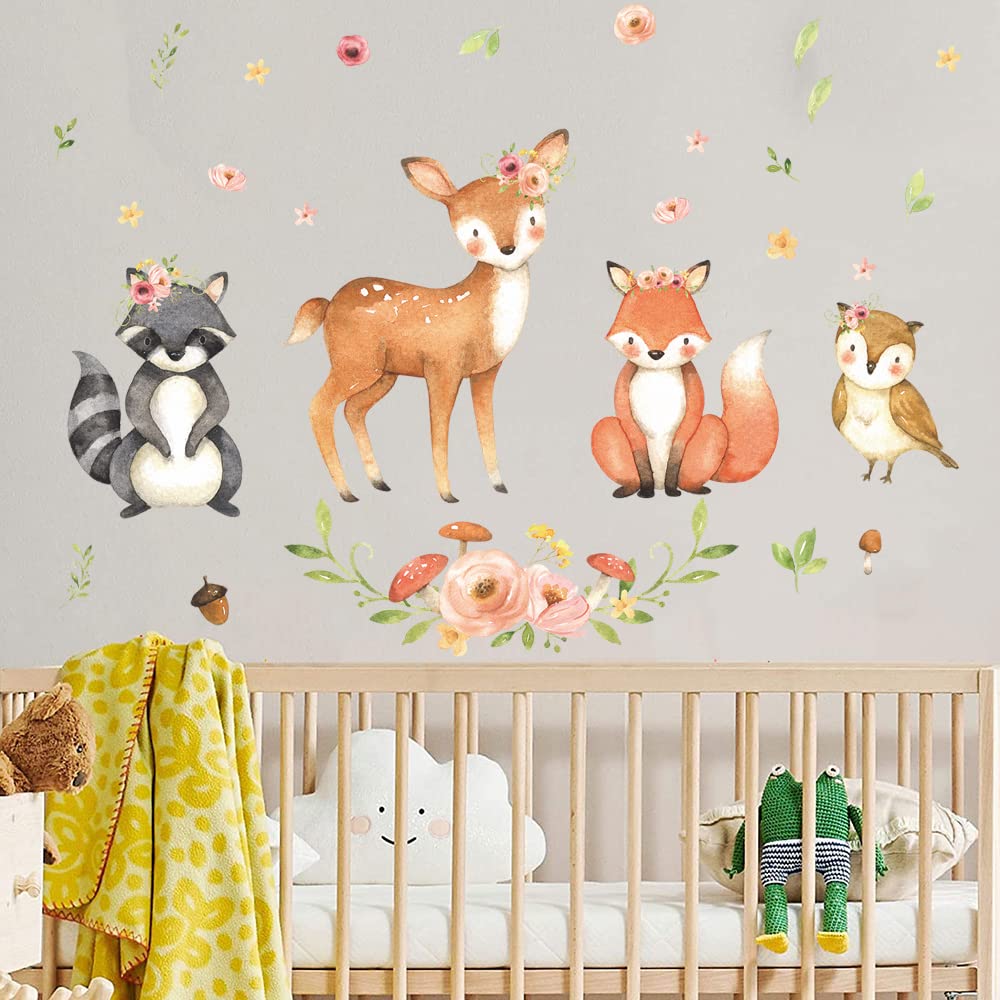 Supzone Woodland Animal Wall Decals Cartoon Animal Wall Stickers Cute Raccoon Deer Fox Owl Forest Animal Wall Decal For Kids Bab