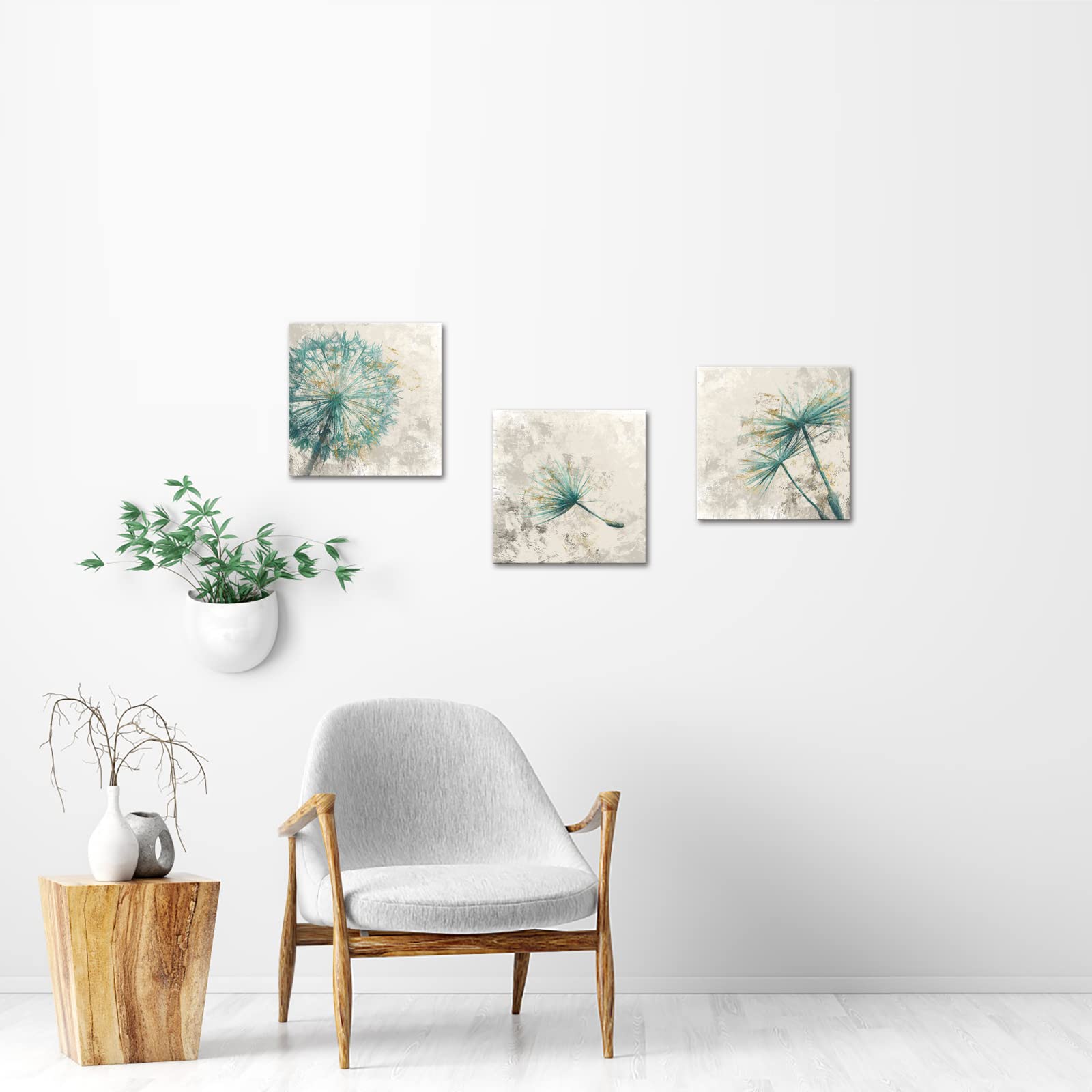 3 Pieces Teal Dandelion Canvas Wall Art Abstract Neutral Green Blowing Flower On Rustic Wood Background Framed Artwork For Bedro