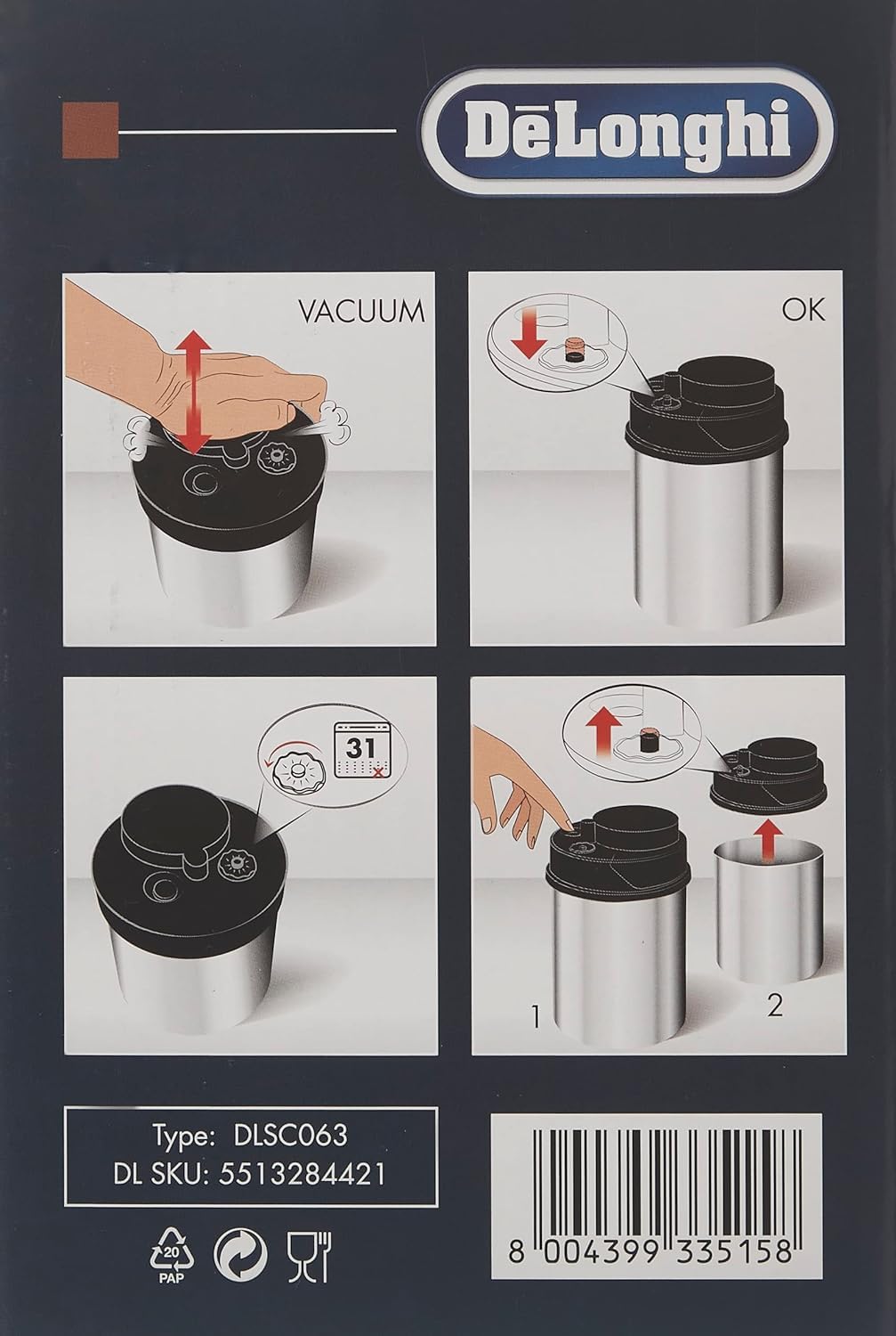 De'Longhi Vacuum Canister For Coffee Storage With Built-In Indicator, Coffee Machine Accessories For Coffee Beans, Ground Coffee