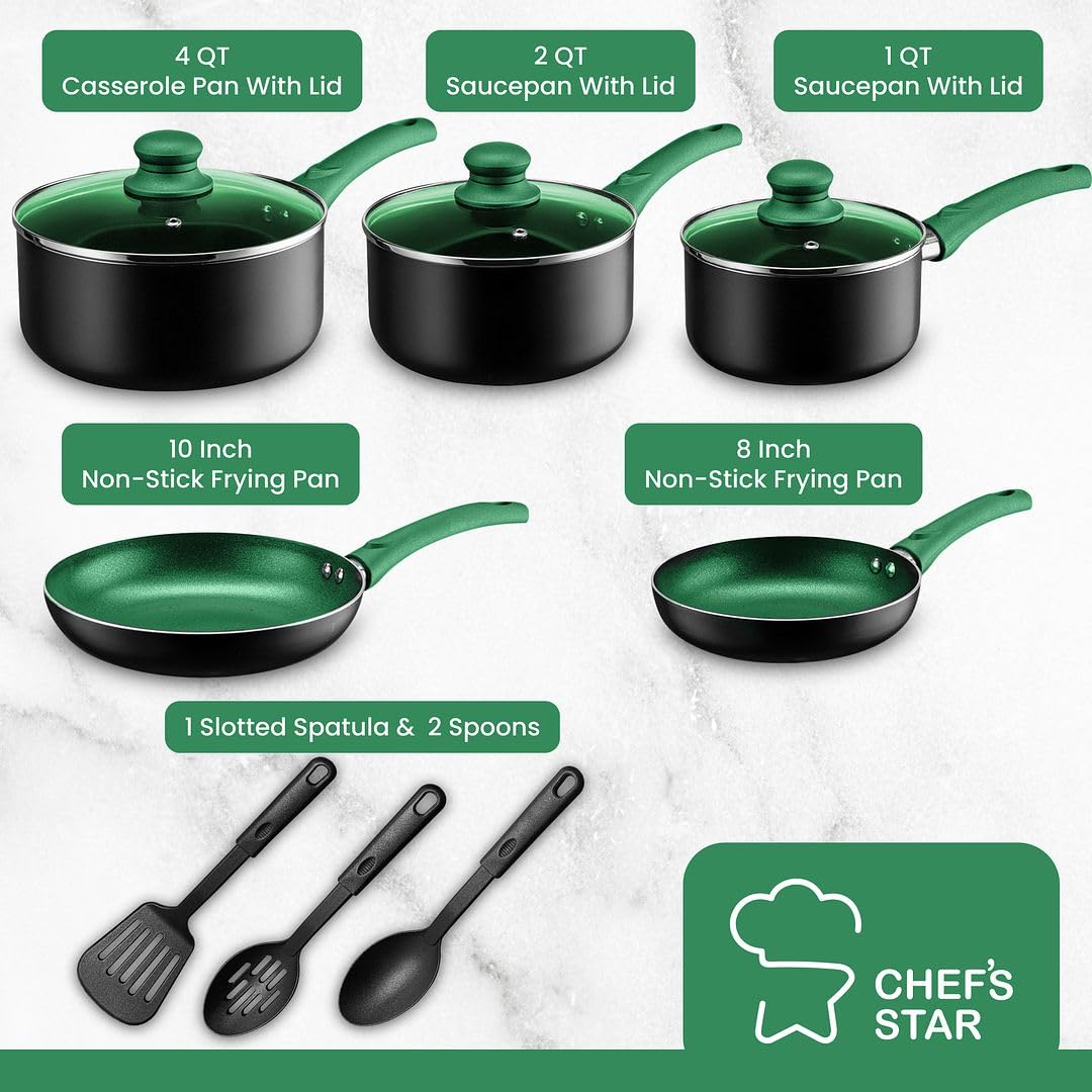 Chef's Star Pots And Pans Set Kitchen Cookware Sets Nonstick Aluminum Cooking Essentials 11 Pieces Green
