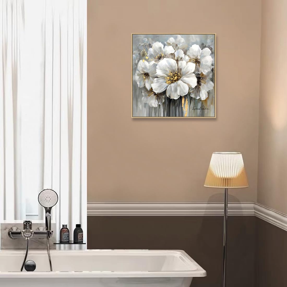 Living Room Flowers Wall Art White And Gray Floral Pictures With Gold On Canvas For Home Decor Framed 24X24, Solid Wood Frame