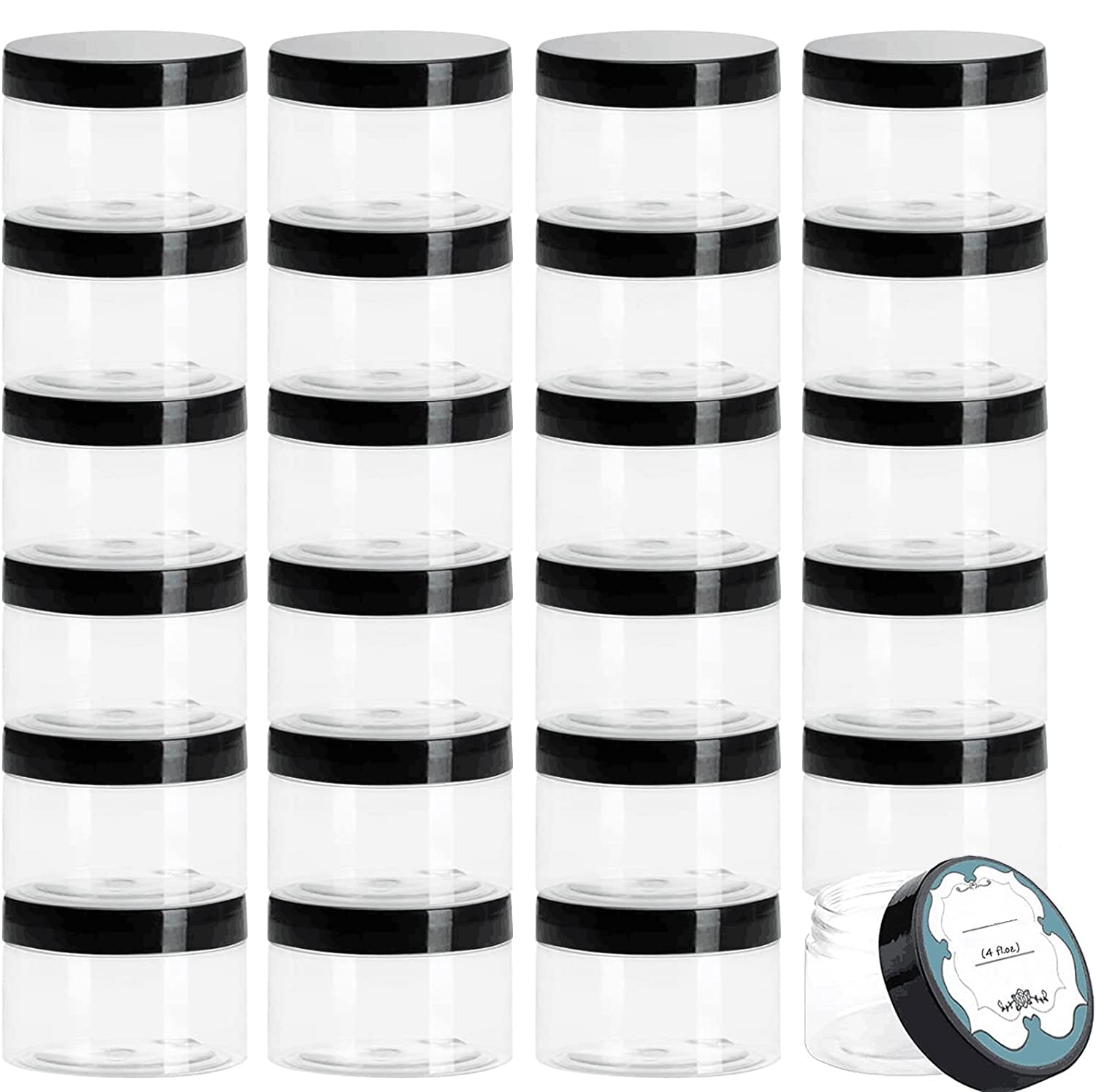 Qeirudu 4 oz Plastic Containers with Lids  24 Pack Clear Empty Body Butter Jars with Lids and Labels  Round Cosmetic Containers for Sugar Scrubs  Lotion  Creams