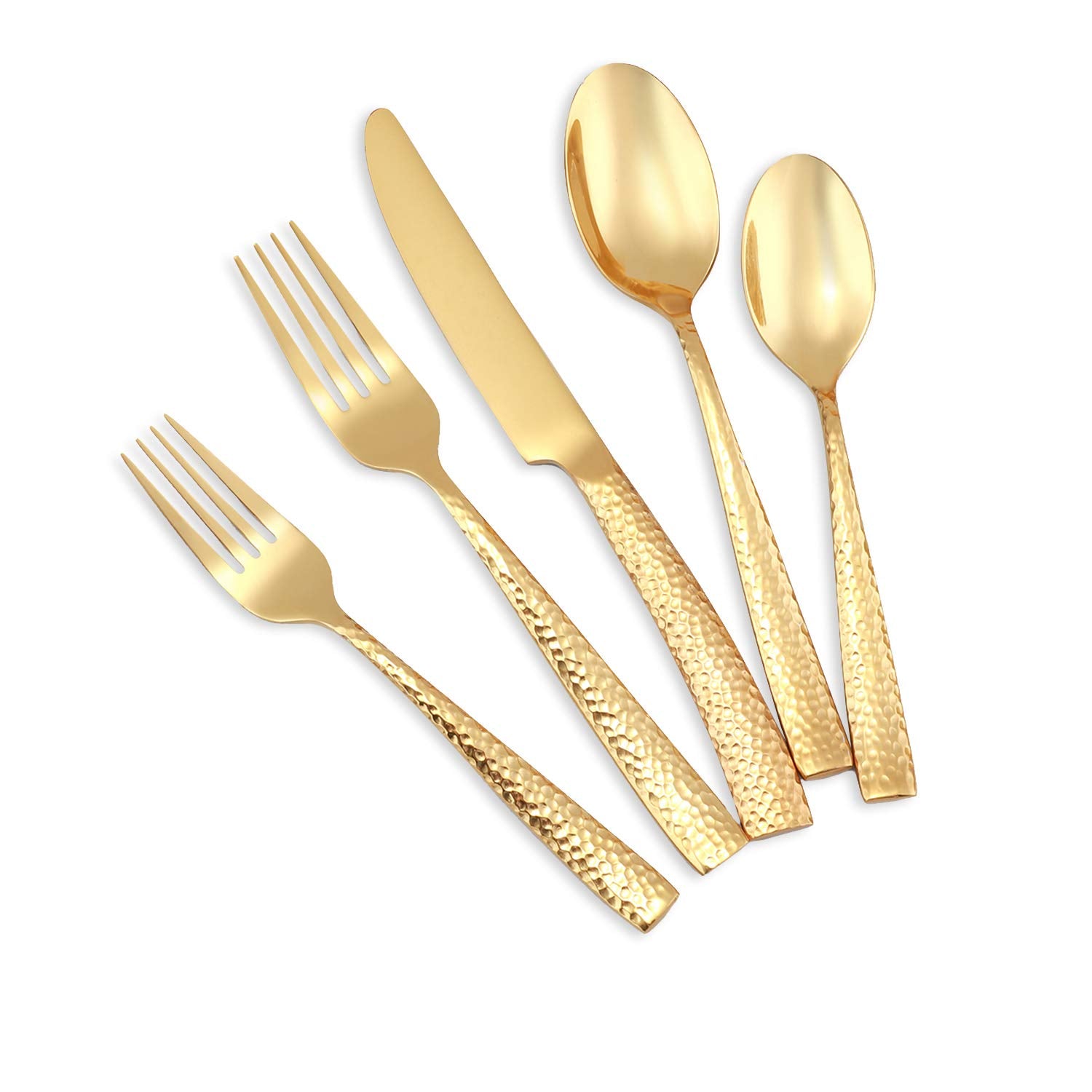 Kelenfer Gold Flatware Silverware Set 20 Piece Stainless Steel Forged Hammered Cutlery Set Service For 4