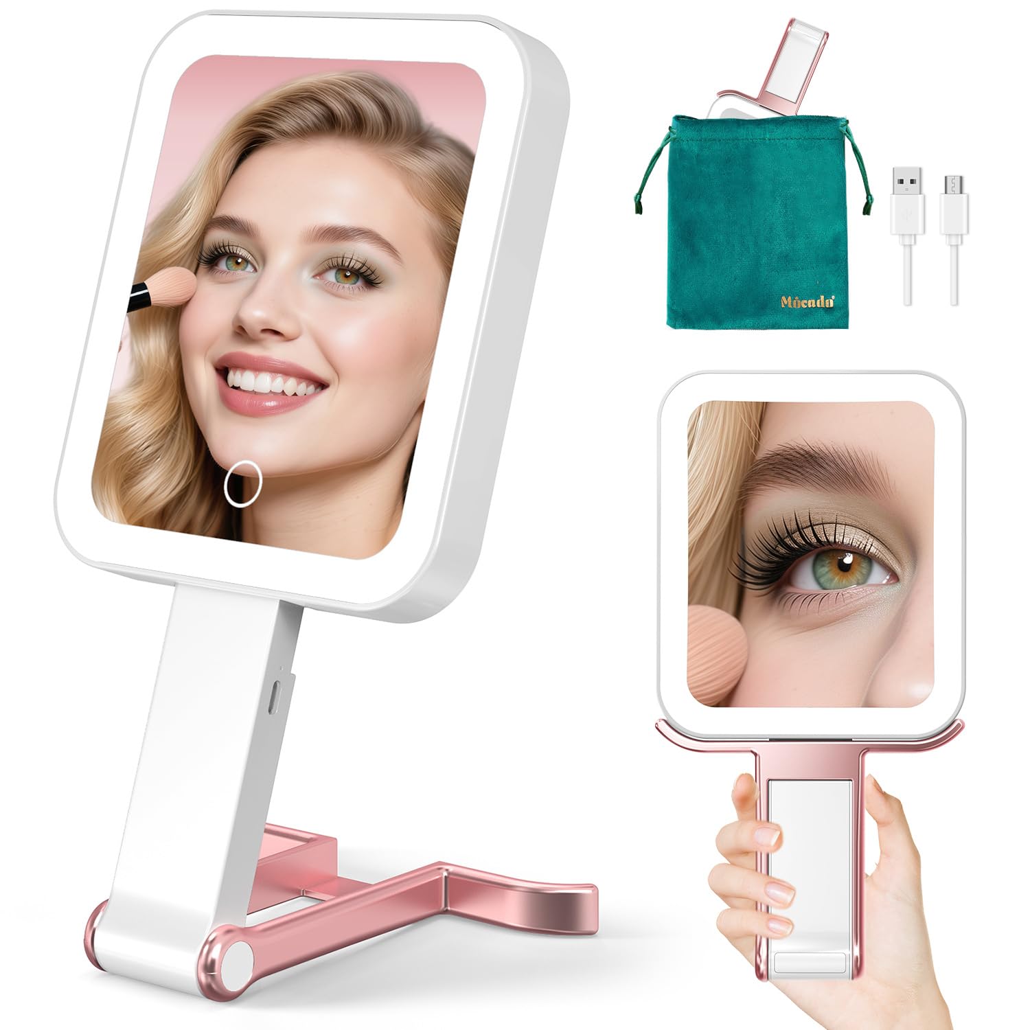 Mocado Travel Makeup Mirror With Lights,10X/1X Magnifying Mirror With Light, Double Sided Travel Mirror With 3 Color Light,Dimma