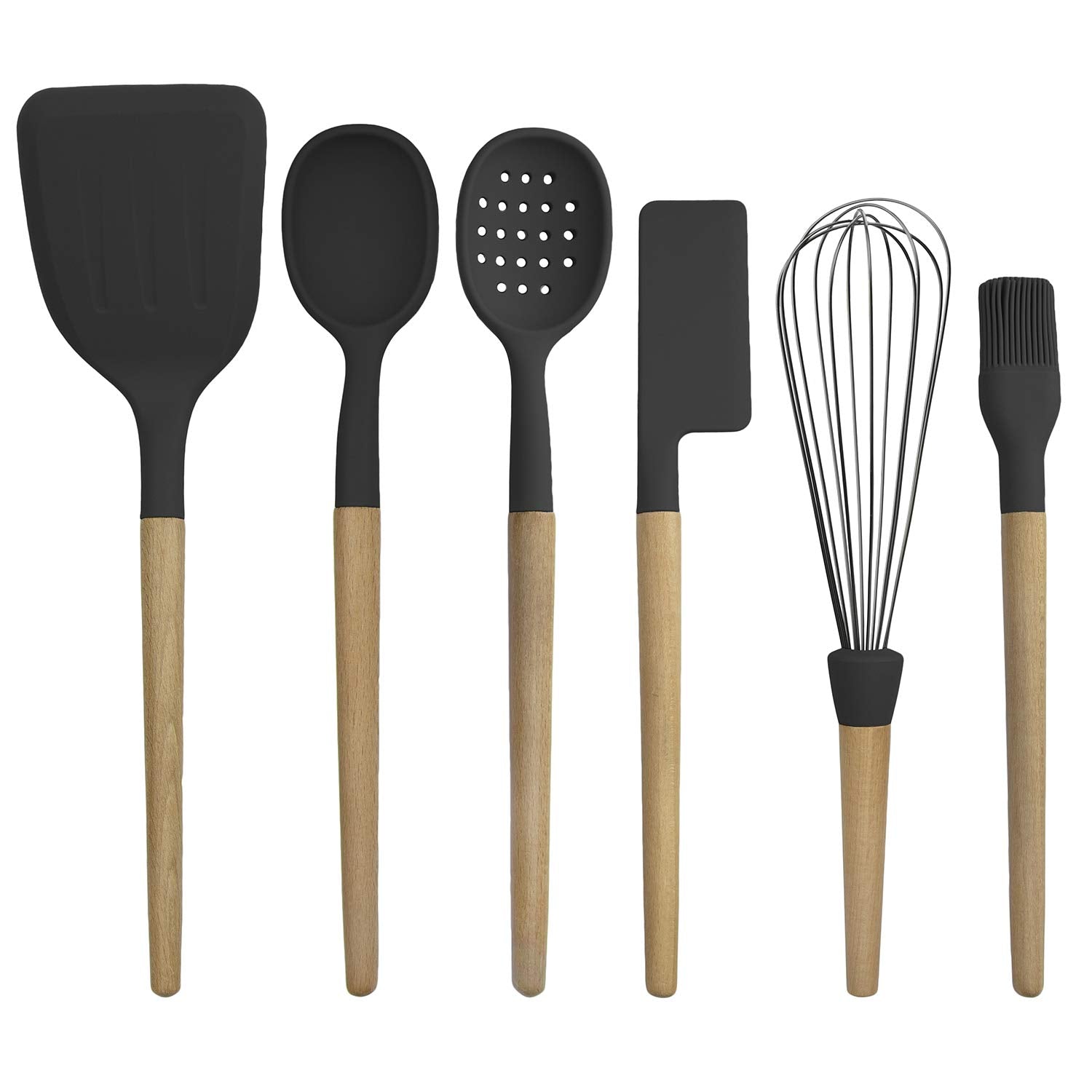 Country Kitchen 6 Pc Non Stick Silicone Utensil Baking Set With Rounded Wooden Handles For Cooking And Baking - Black