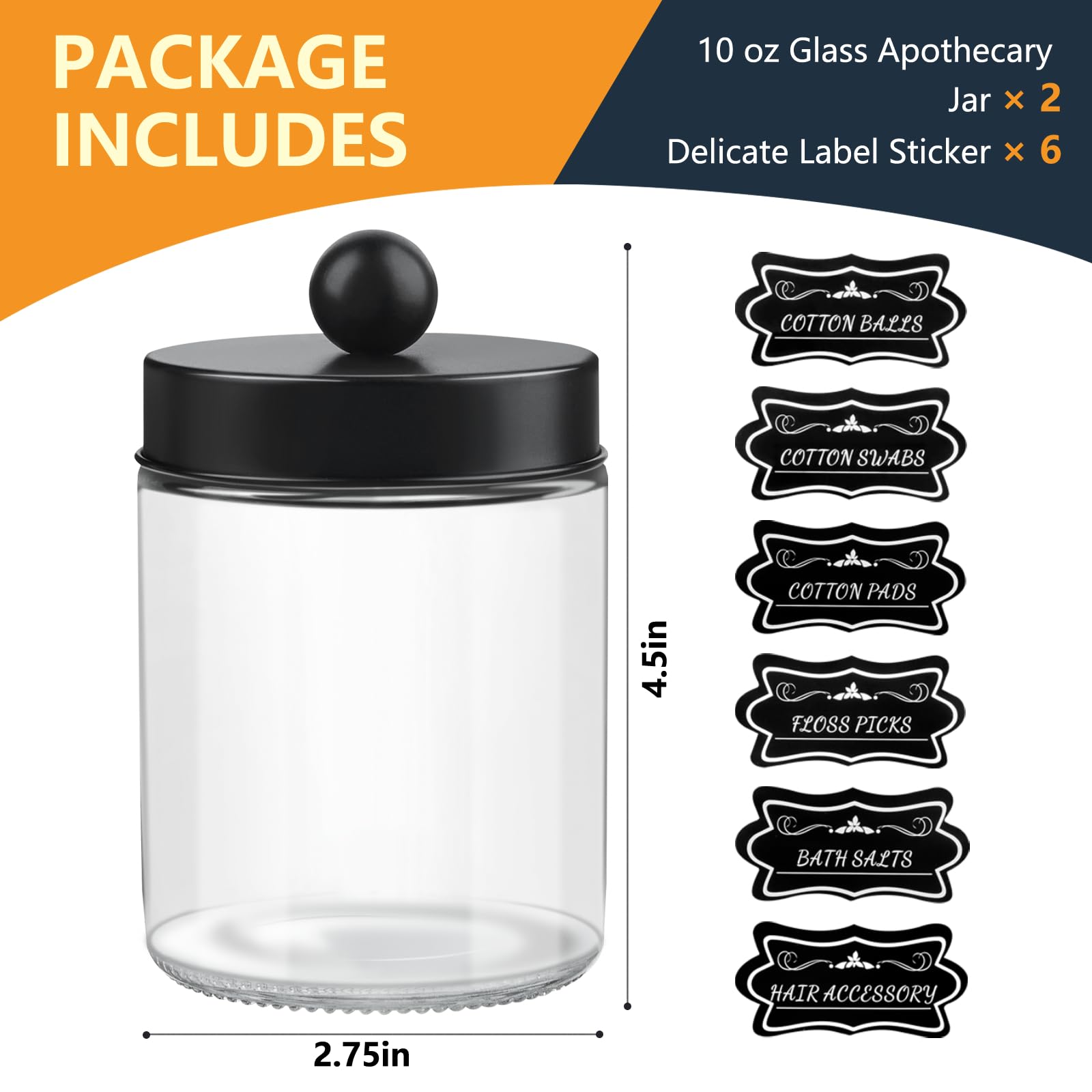 2 Pack Glass Apothecary Jars With Lids And Labels - Bathroom Counter Storage Jars, Qtip Holders Vanity Countertop Canisters (Cle