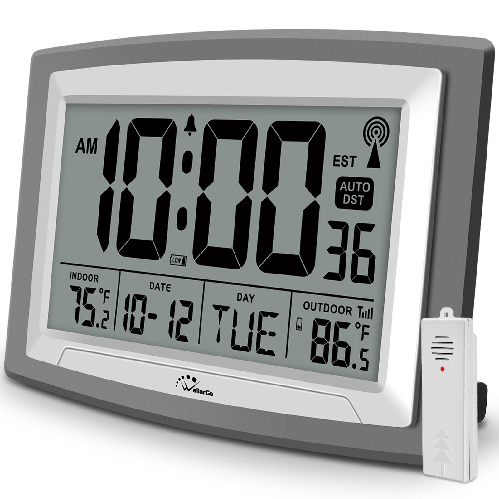 WallarGe Atomic Clock with Outdoor and Indoor Temperature - 12.5 Inch Self-Setting Digital Clock Large Display, Battery Operated