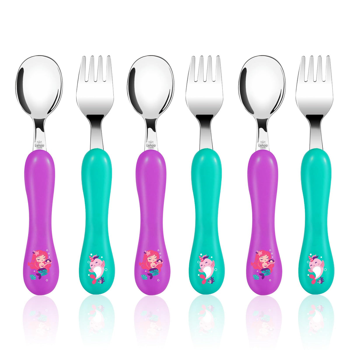 Lehoo Castle Toddler Utensils Kids Silverware, 6pcs Stainless Steel Toddler Fork Spoon Set, Toddler Cutlery Set, Girls Utensils
