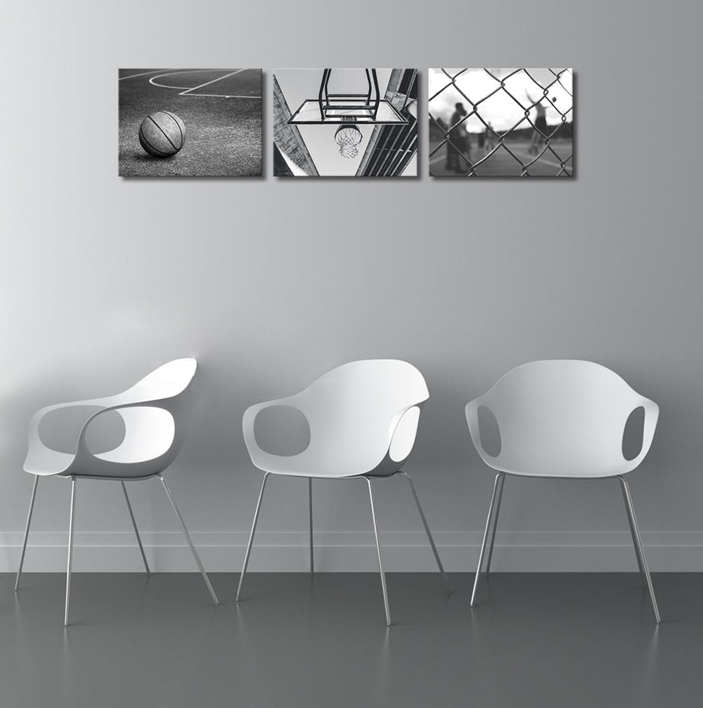 Klvos 3 Panels Black And White Wall Art Antique Basketball And Low Angle View Basketball Hoop Sport Canvas Art Modern Home Decor