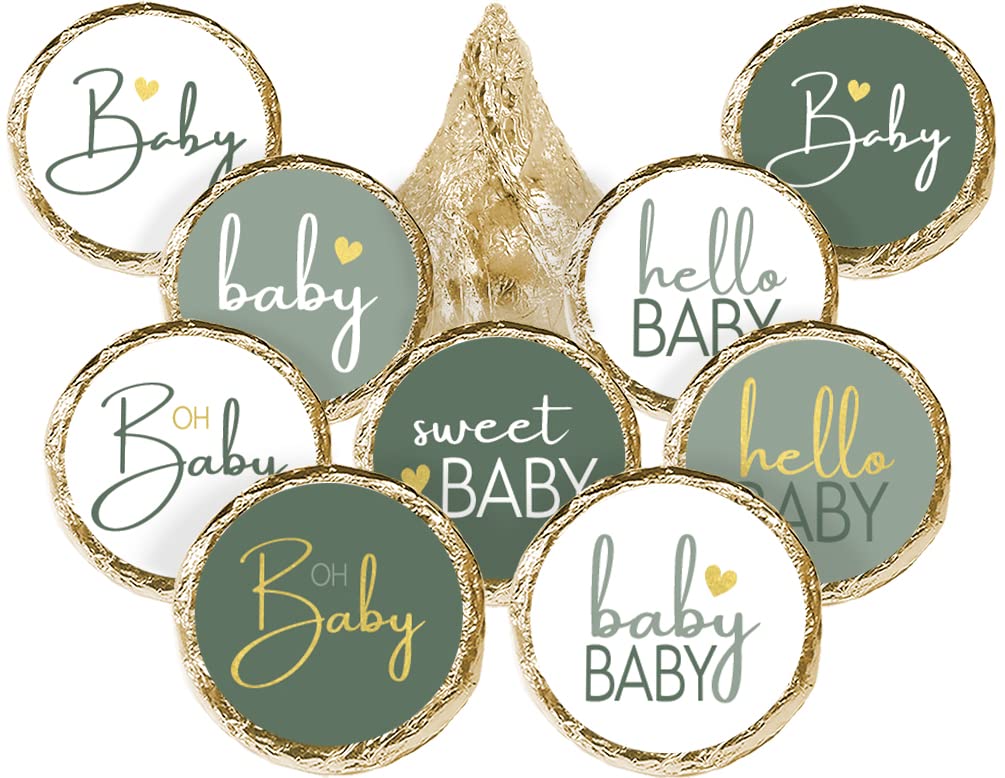 Green And Gold Baby Shower Party Favor Kisses Candy Stickers - Sweet Baby Party Favors - 180 Labels