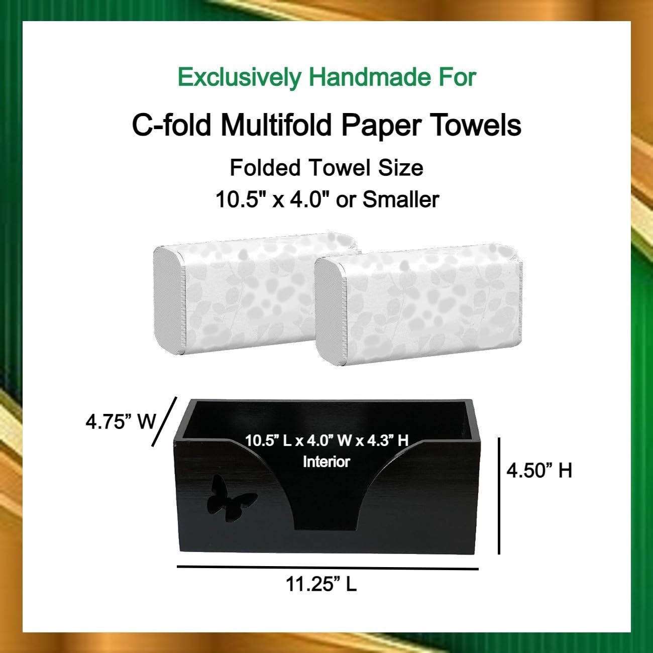 Countertop Paper Towel Dispenser With Engraved Butterfly In Black Bamboo - Compatible With C Fold, Multifold, Trifold & Z Fold H