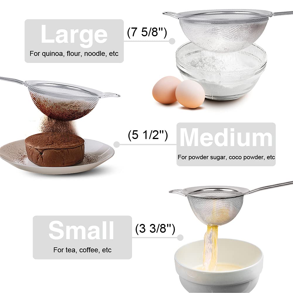 3 Pack Stainless Steel 18/8 Extra Fine Double Mesh Strainers, Large, Medium & Small Sifters, Ideal For Pasta, Rice, Tea, Spaghet