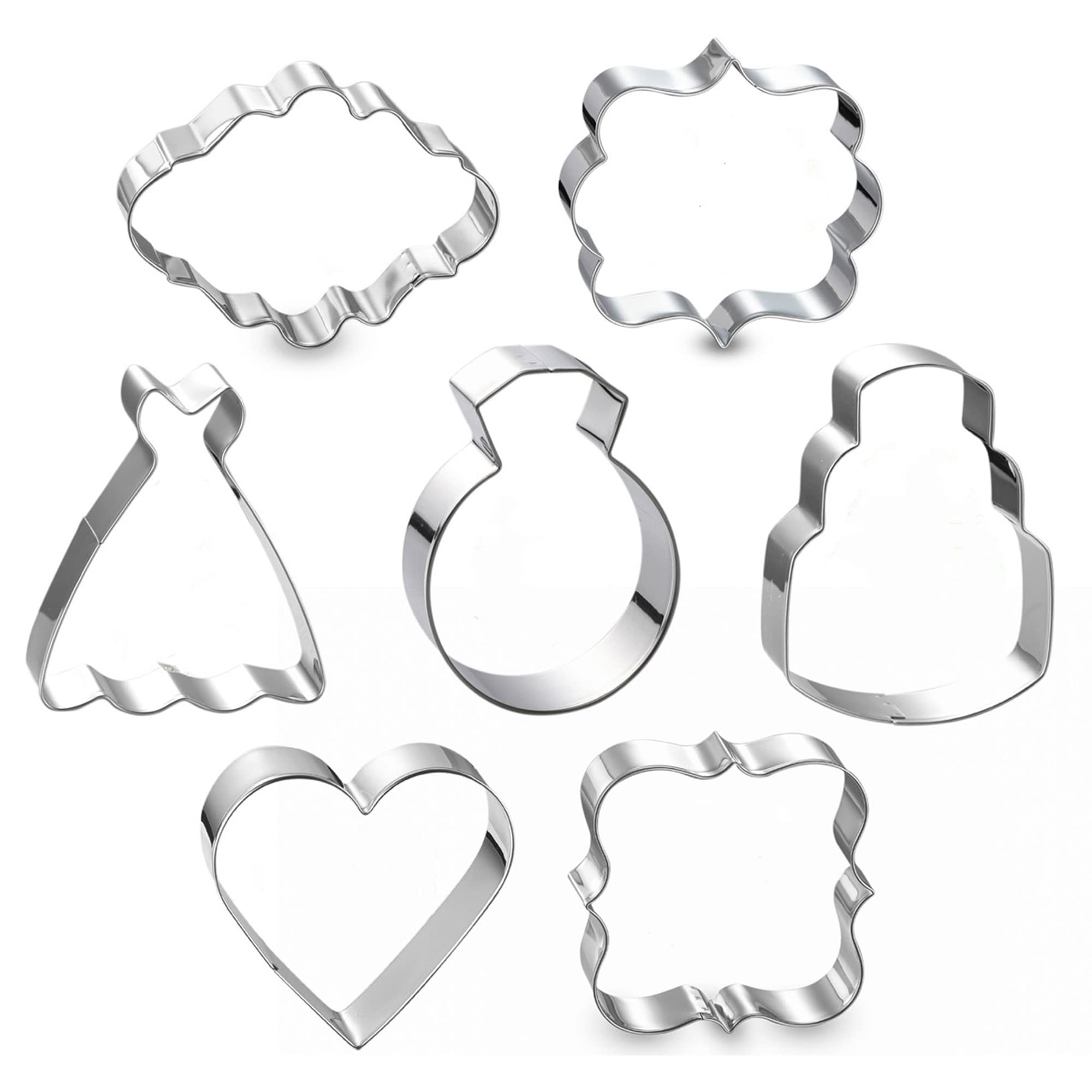Wedding Cookie Cutter Set-7 Piece-3 Inches-Heart, Diamond Ring, Wedding Cake,Wedding Dress, Rectangle, Square And Oval Plaque Co