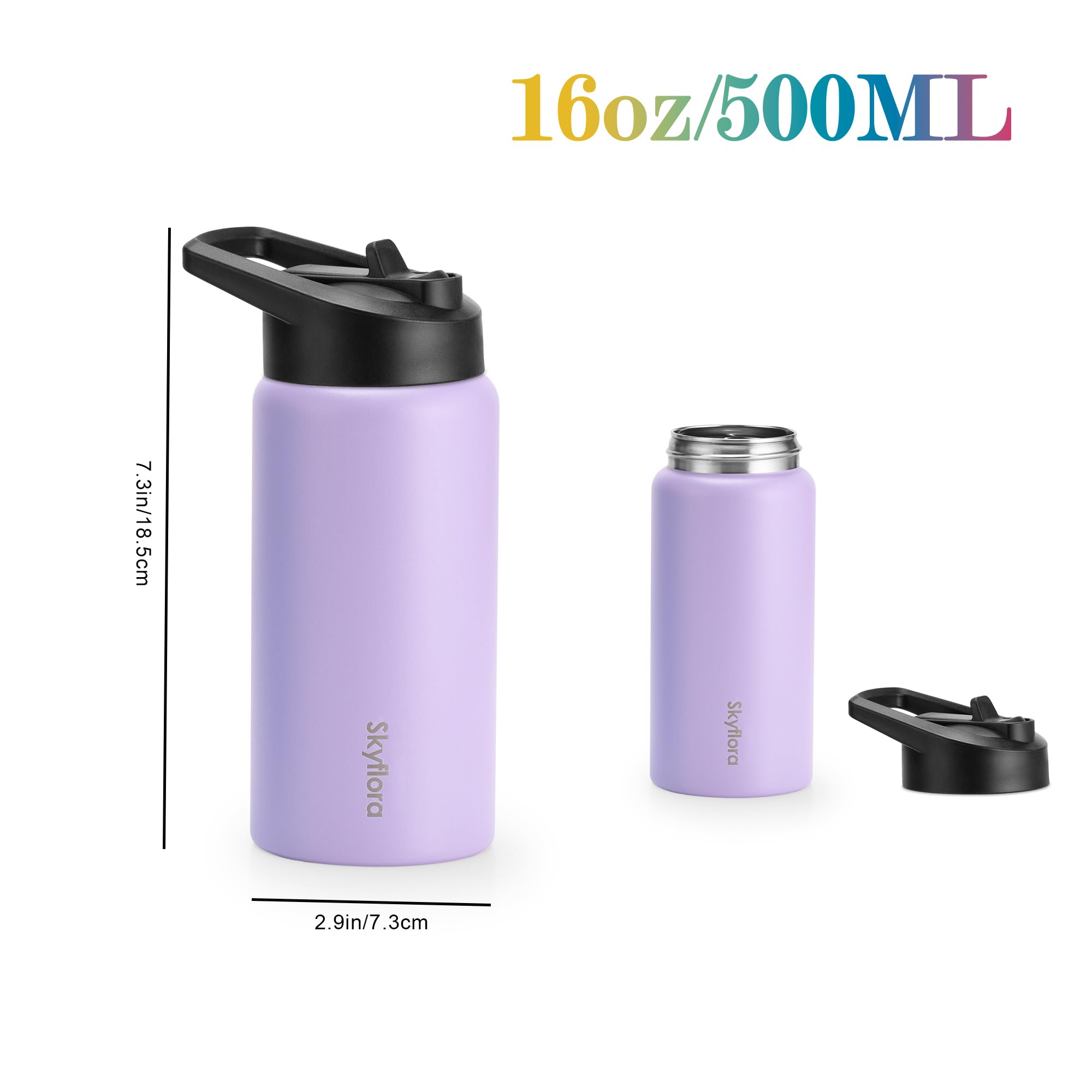 Kids Water Bottle with Straw 2 Pack, 16oz Water Bottles Bulk, Single Wall 18/8 Stainless Steel, Dishwasher Safe & Leakproof, Reu