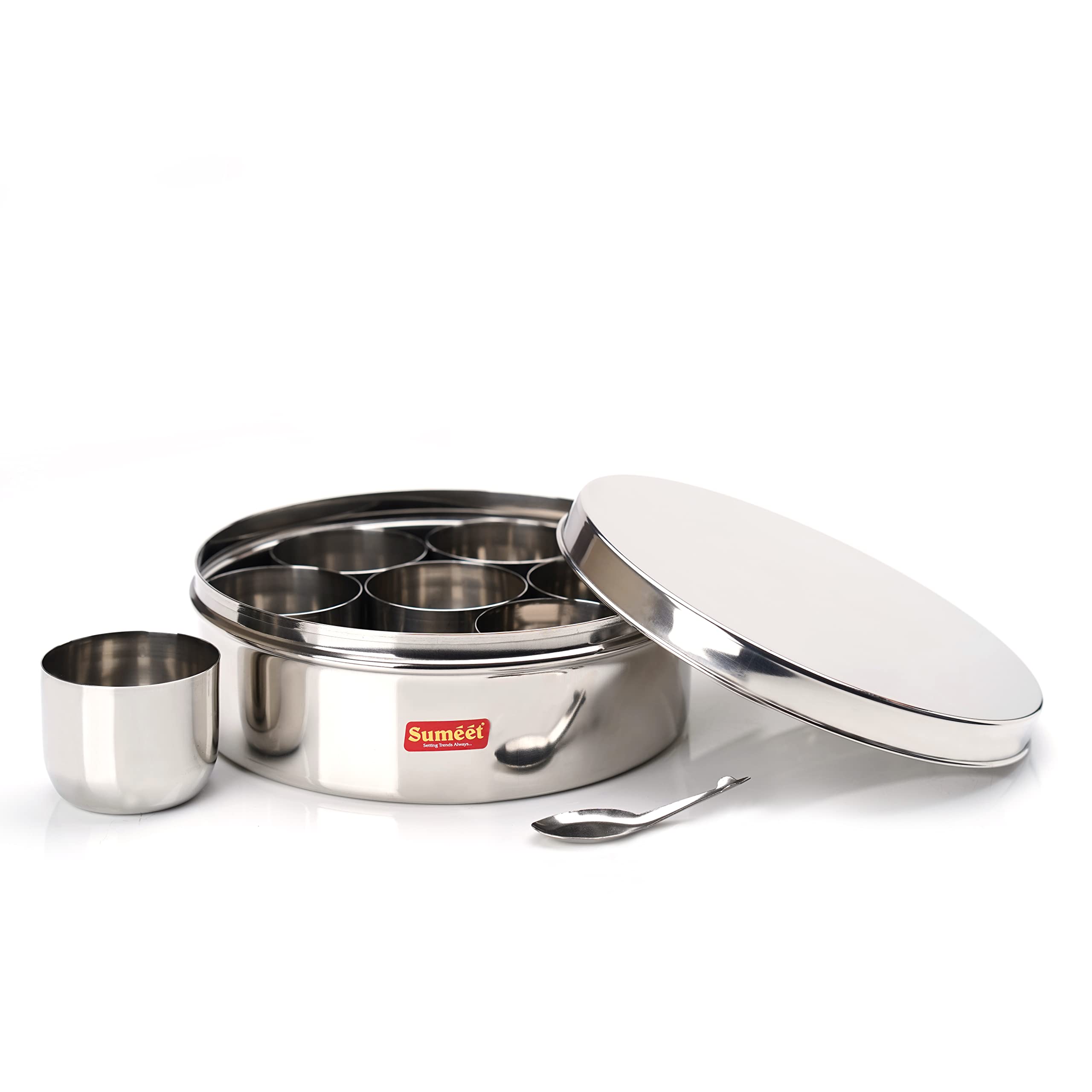 Sumeet Stainless Steel Flat Masala (Spice) Box/Organiser With Stainless Steel Lid, 7 Containers And Small Spoon Size 11 (1.5Ltr)