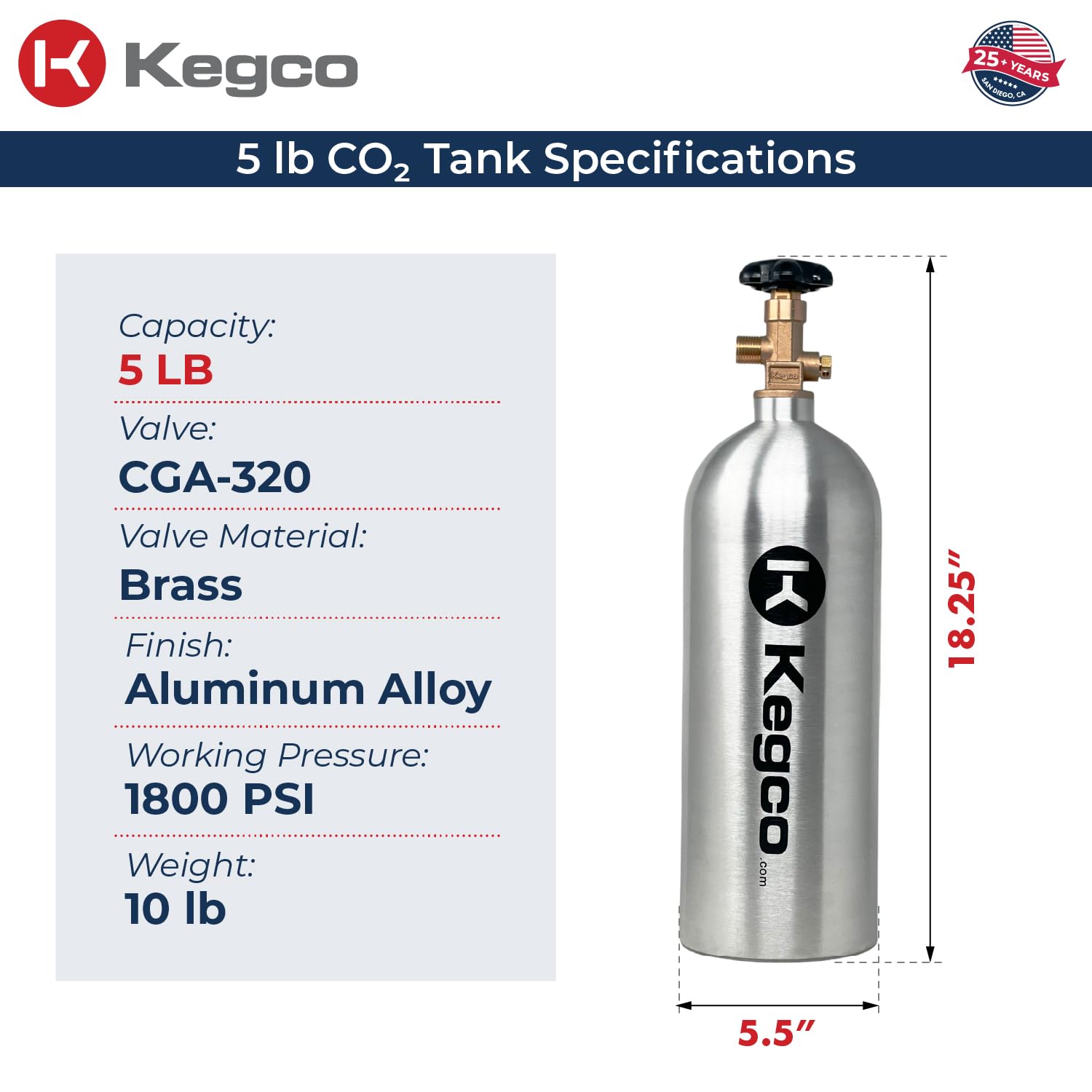 Kegco Bf C5 Aluminum Co2 Tank, Silver