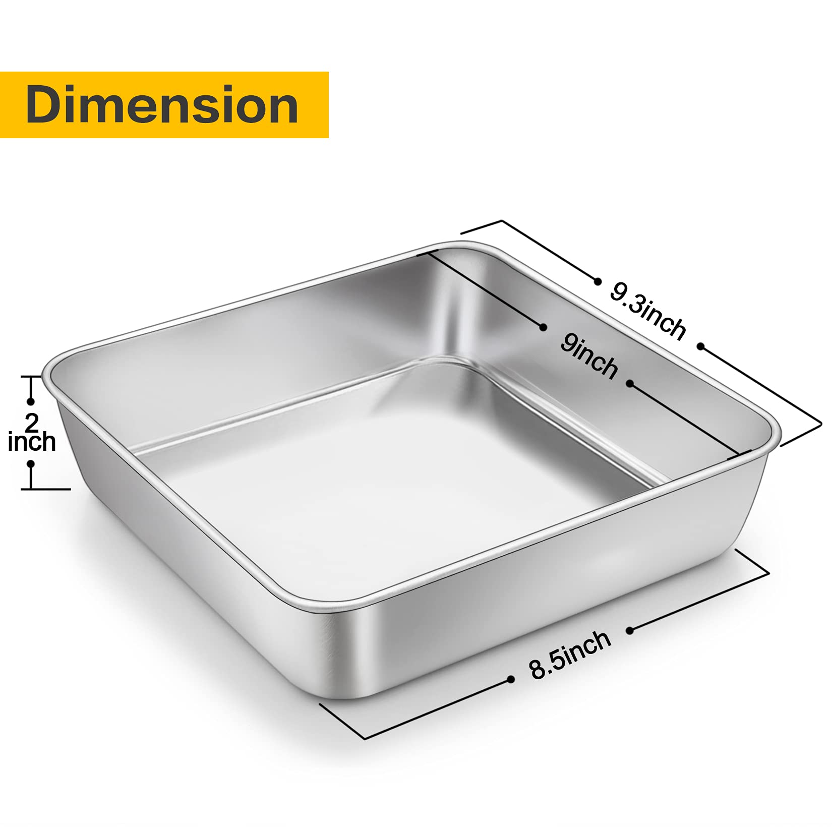 P&P Chef Square Cake Baking Pan (9 Inch), Stainless Steel Square Lasagna Brownie Bakeware Birthday Cake Pan, Leakproof & Heavy D