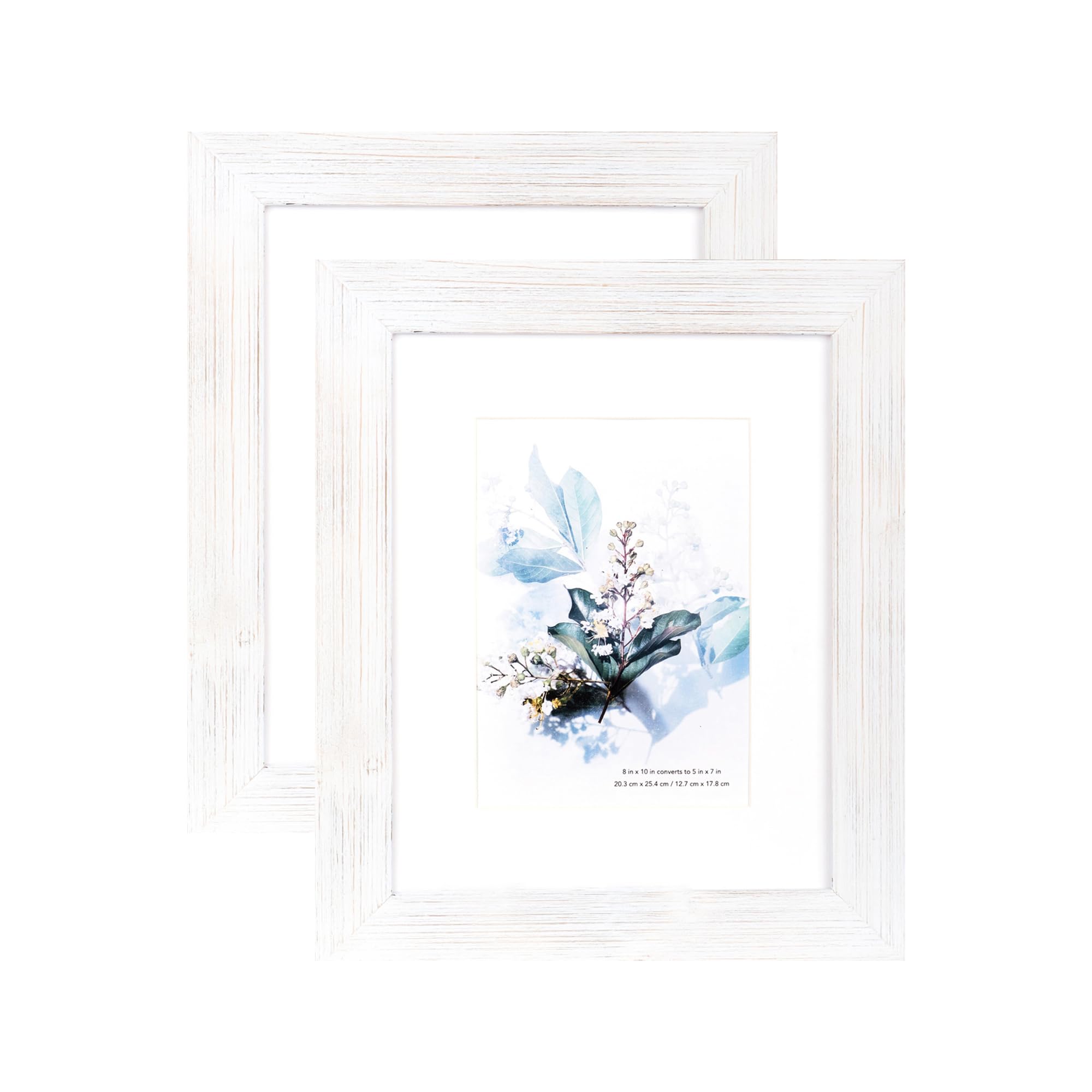 KAIWIN 100% Solid Wood White 8x10 Picture Frame 2 Pack - Display Picture 5x7 with Mat, HD Glass Inside, Rustic Wooden Photo Fram