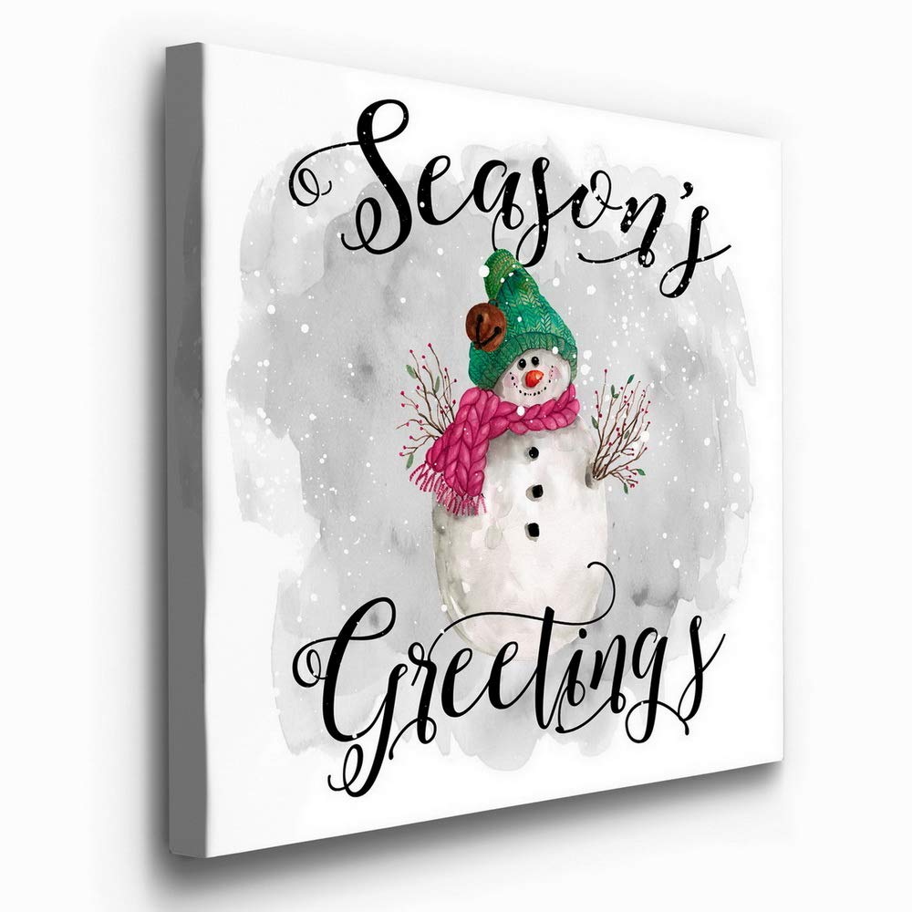 Renditions Gallery Season's Greetings Snowman Wall Art  Cute Christmas & Winter Artwork  Great Gift for Girls  Premium Gallery Wrapped Canvas Decor  Ready to Hang  24 in H x 24 in W  Made in America