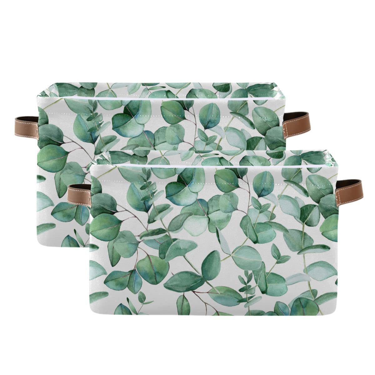 Xigua Green Leaves Storage Basket Collapsible Toy Storage Bins Waterproof Canvas Storage Basket With Leather Handles For Home Cl