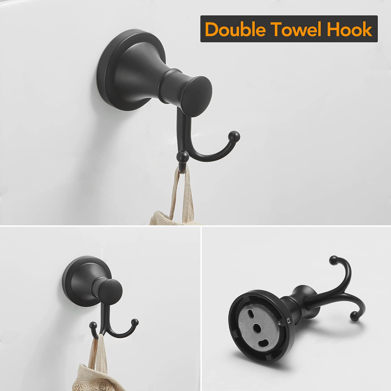 BESy Matte Black 4 Piece Bathroom Accessories Set (Single Towel Bar  Towel Ring  Toilet Paper Holder  Double Towel Hooks)  Wall Mounted Bath Hardware Accessory Fixtures Rack Set