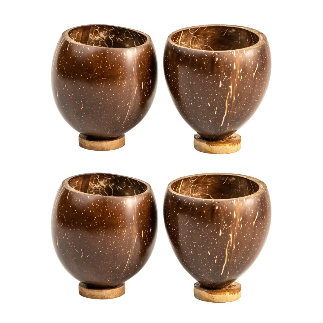 Thenga Coconut Shell Cup Set Of 4 | Natural & Handmade 200 Ml Tea, Coffee, Smoothie & Juice Cups | EcoFriendly Rustic Coconut C
