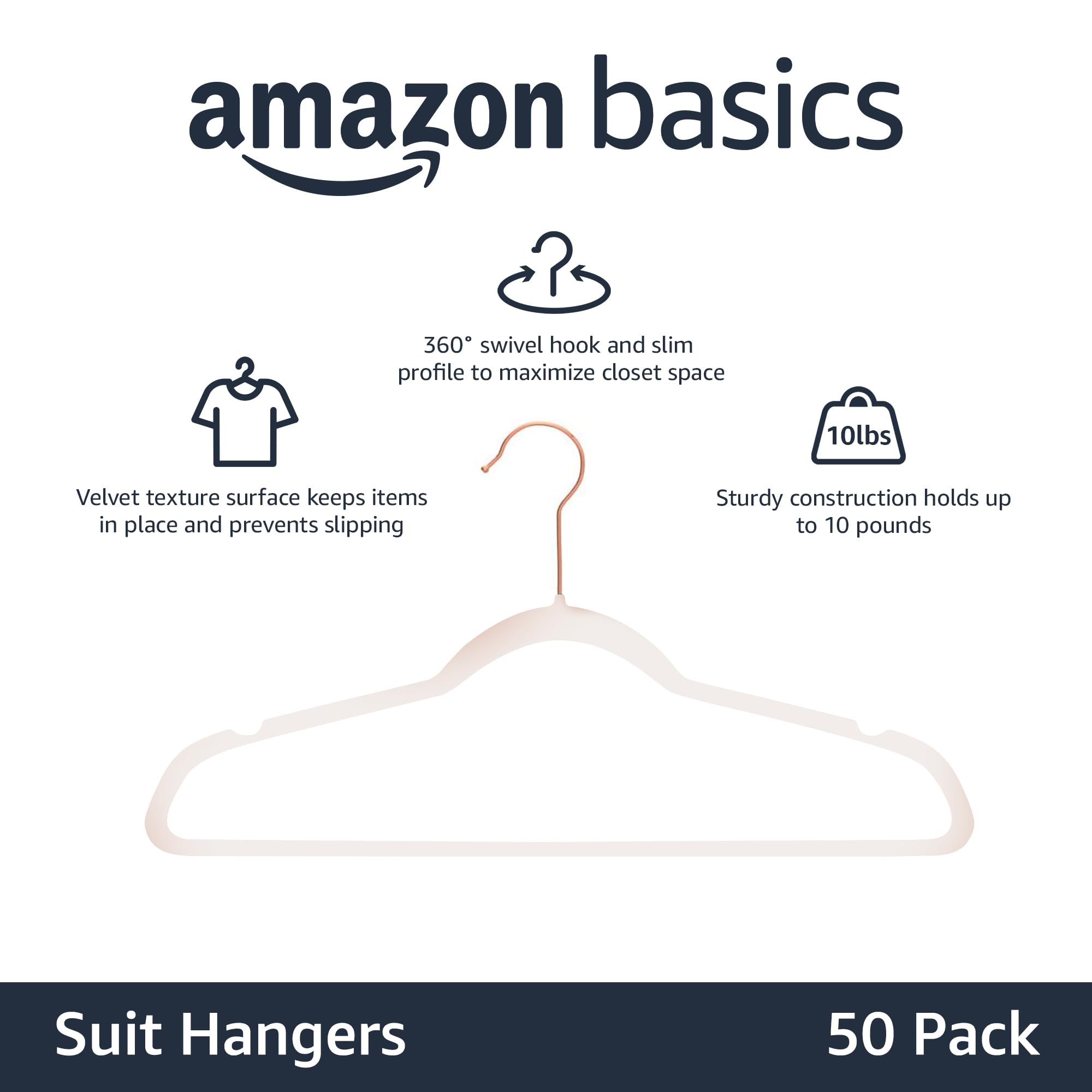 Amazon Basics Slim Velvet, Non-Slip Suit Clothes Hangers, Pack Of 50, Blush Pink/Rose Gold