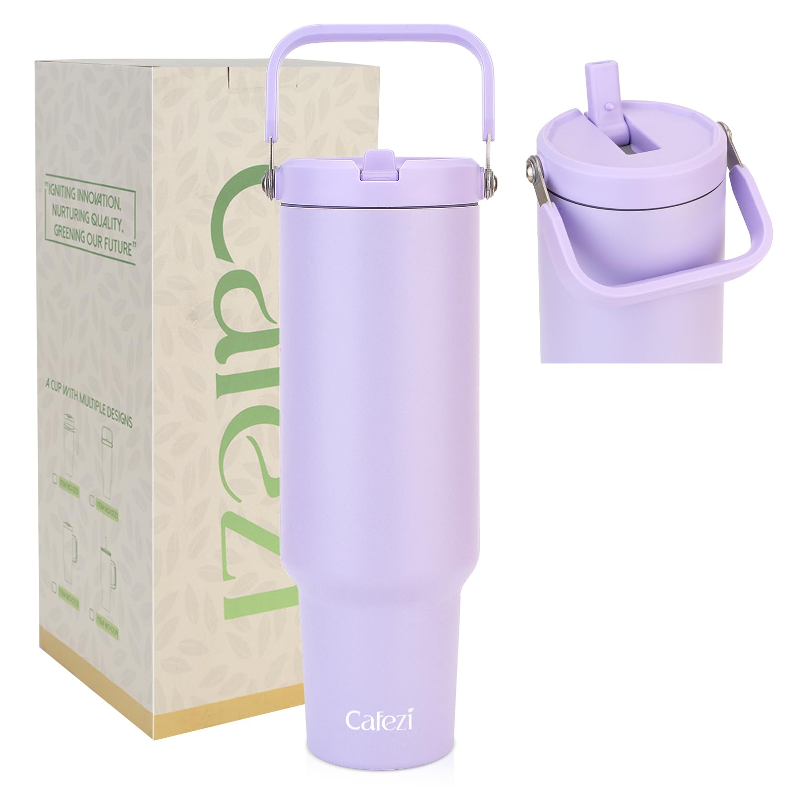Cafezi 50 oz Insulated Water Bottle, Stainless Steel Water Bottles with Flip Straw and Top Handle, Leak Proof Flip, No Sweat, Fi