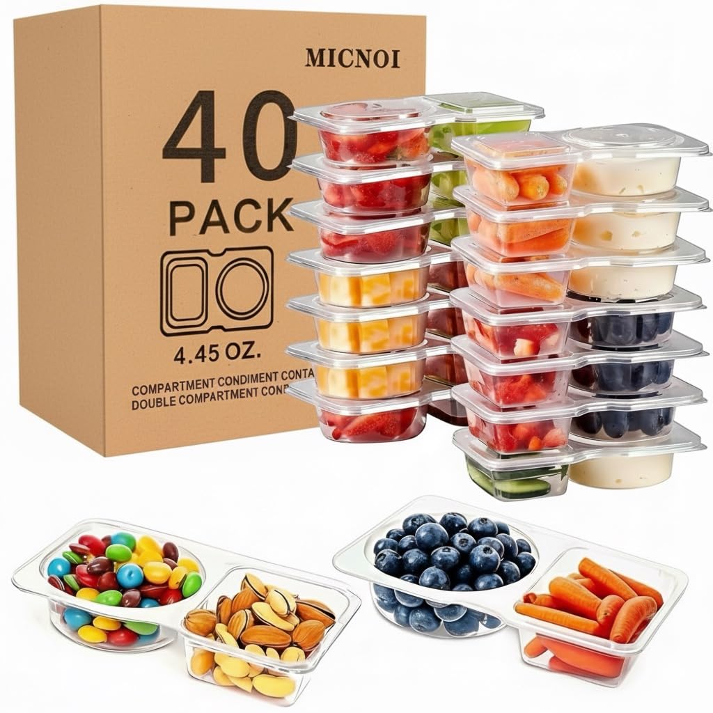 Micnoi 40 Pack Snack Containers, Reusable 2 Compartment Condiment Containers With Lids, Ideal For On-The-Go Mini Sauce Boxes & L