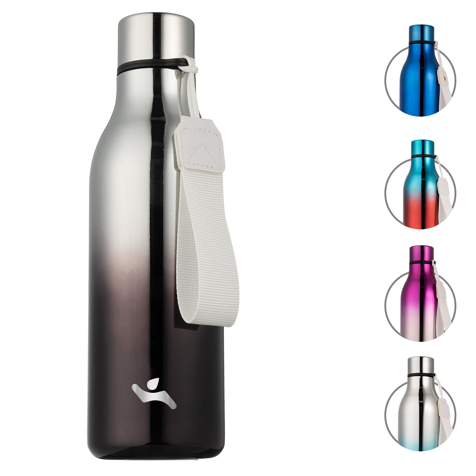 Konokyo Insulated Water Bottle with Strap,18 oz Double Wall Stainless Steel Vacuum Bottles Metal Water Flask,Silver Miner