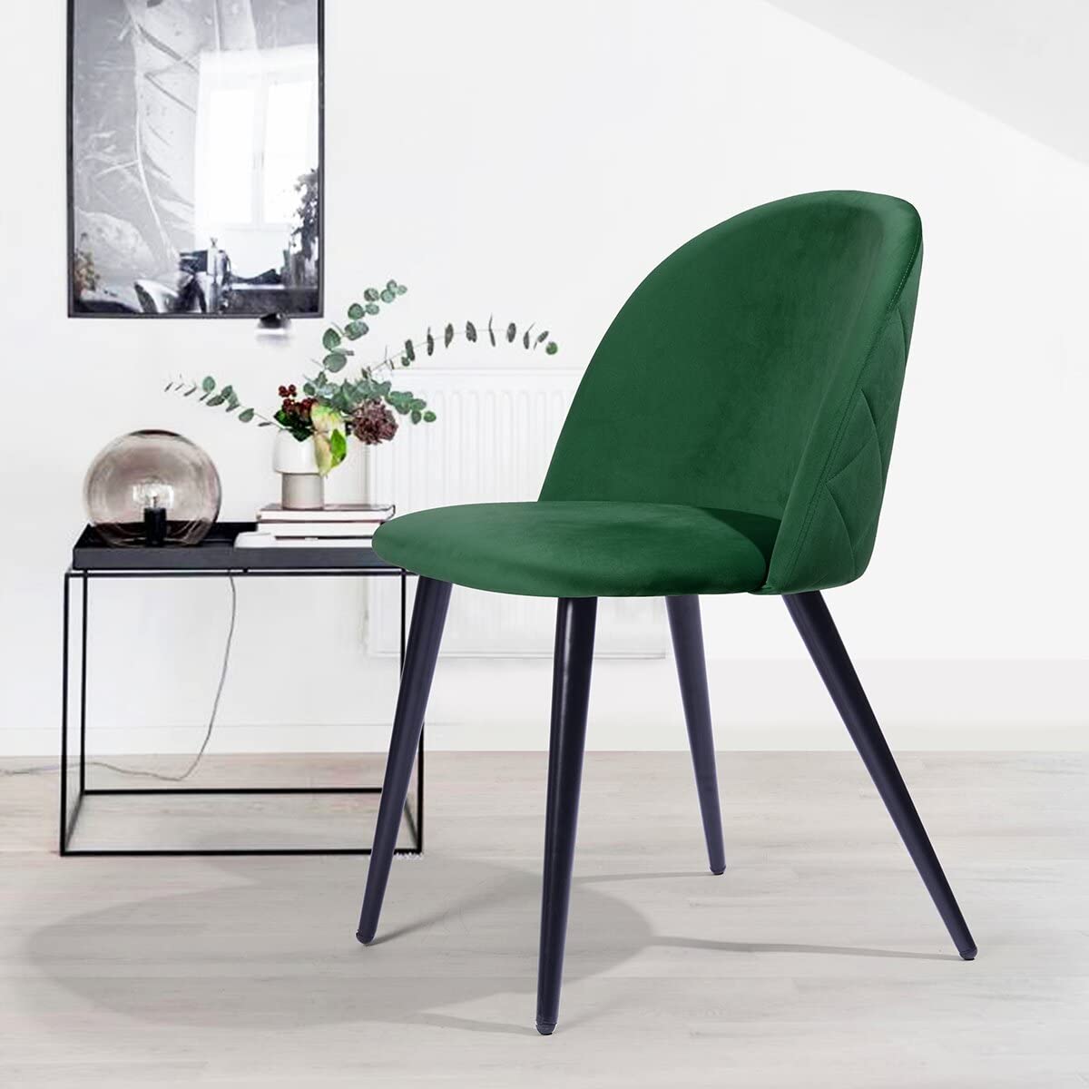 Finch Fox Romantic Vintage Dining Chairs Rustic Dark Green Velvet Cushion Seat Chair With Black Powdered Coated Metal Legs
