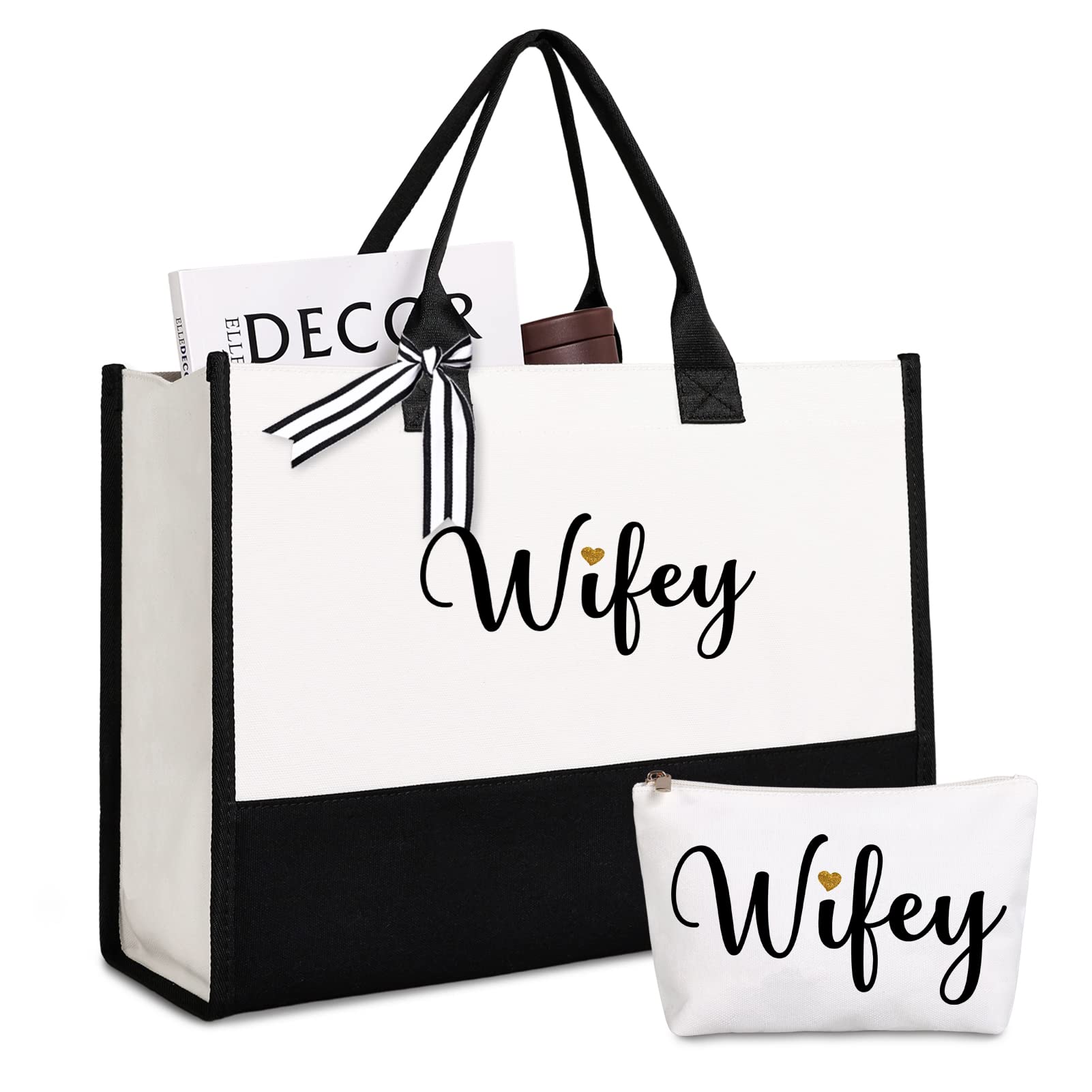 Lamyba Wifey Tote Bag With Makeup Bag, Wifey Gifts For The Bride, Bridal Shower Gifts, Black And White