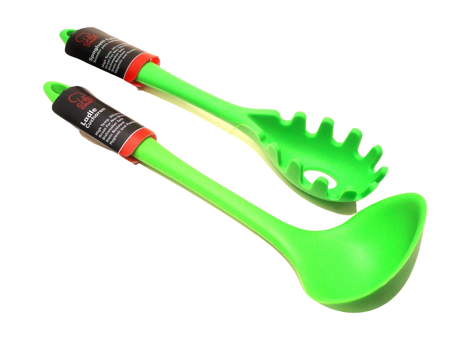 Premium Silicone Spaghetti Pasta Fork & Ladle 2-Piece Set (Green)
