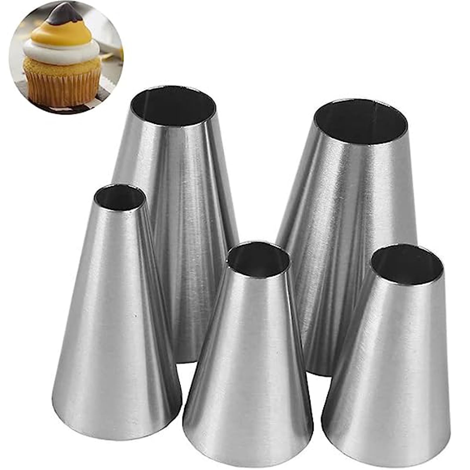 Hendiy 5 Psc/Set Large Round Piping Tip, Stainless Steel Professional Baking Decoration Tools For Cake Cookies Decorating,Pastry