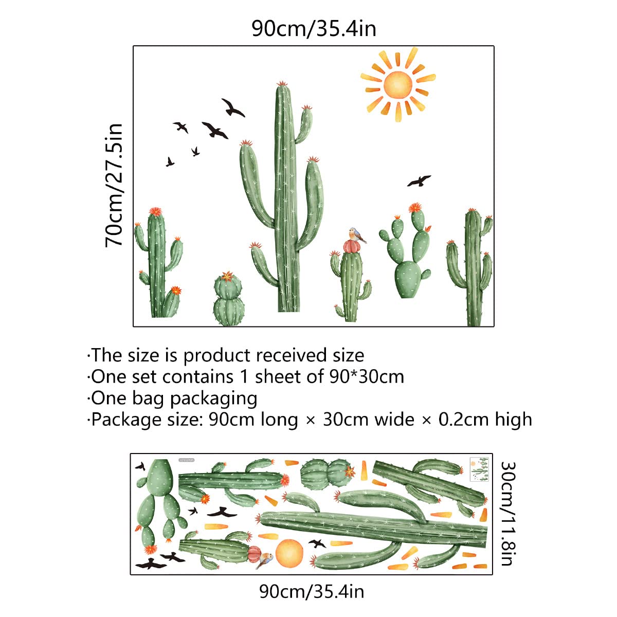 Mirabuy Boho Cactus Wall Decals Boho Sun Wall Stickers Tropical Cacti Green Plants With Birds Wall Decals For Living Room, Bedro