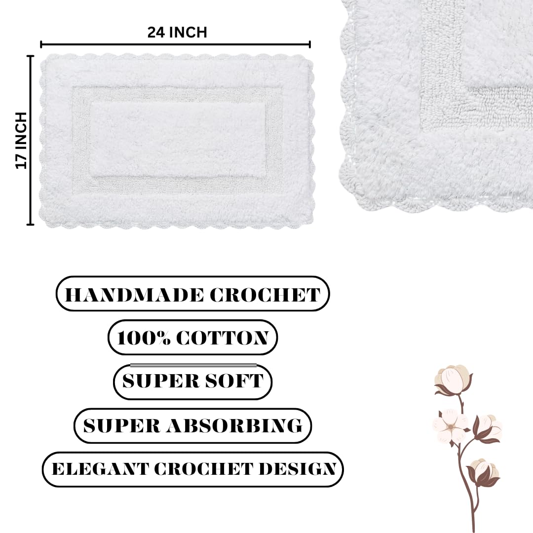 Bath Mat Rug 17''X24'' White, 100% Pure Cotton, Super Soft Bath Rugs, Plush & Absorbent, Hand Tufted Heavy Weight Construction,