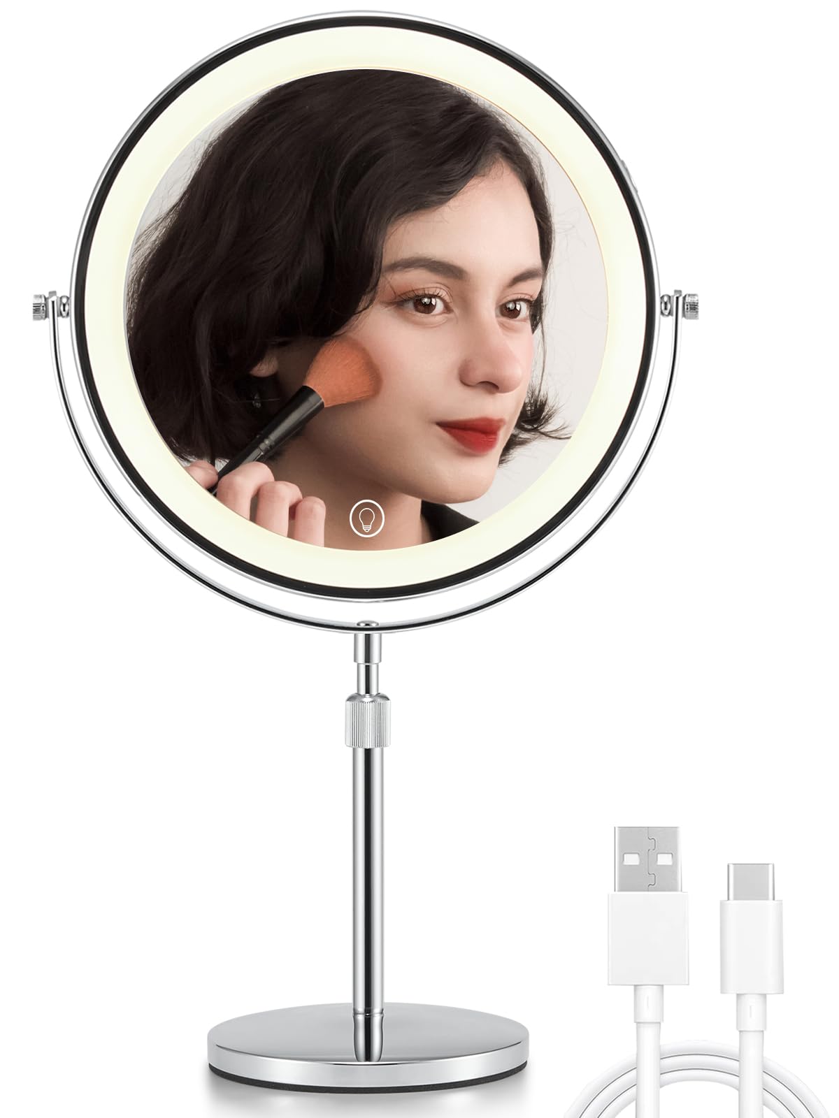 Omiro 1X/10X Makeup Mirror With Lights,8.5 Inches Double Sided Vanity Mirror With Height-Adjustable Stand,Magnifying Mirror With