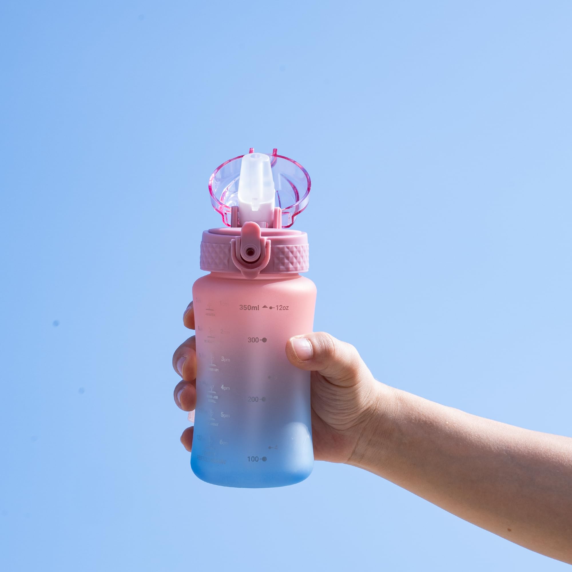 OLDLEY Kids Water Bottle for School  12 oz (2 lids) BPA-Free Reusable Leak-proof Durable Tritan Plastic Bottles with Straw & Chug Lids  Anti-dust Spout Cover (Pink-Blue)