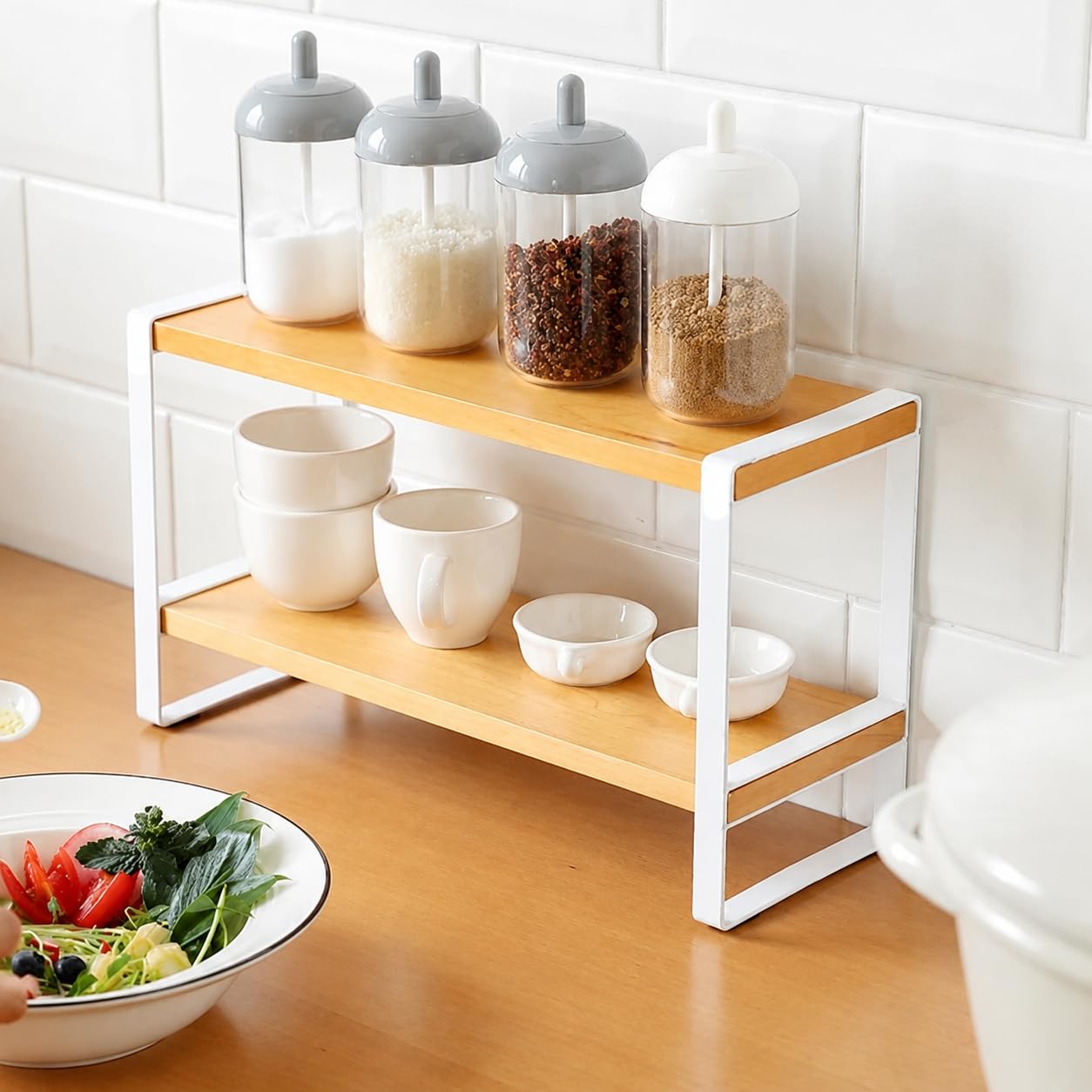Decorlay Metal & Wooden Spice Rack Countertop Organizer Space Saver CounterTop Storage For Kitchen, Tabletop, Floor Standing Ba