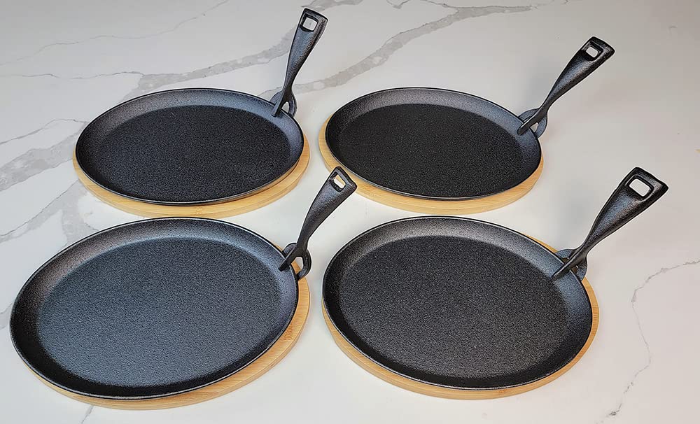 Hawok Cast Iron Fajita Pan With Bamboo Tray And Handle Set Of 4