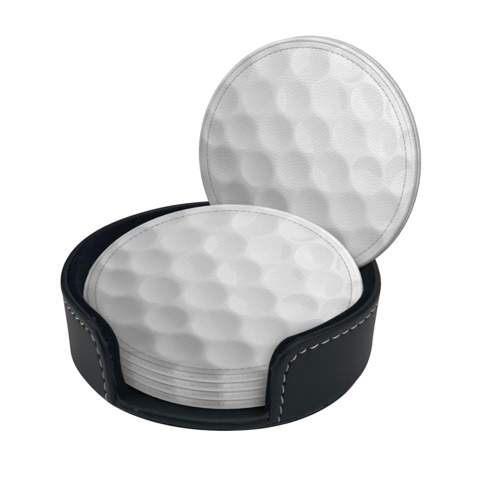 White Golf Ball Coasters For Drinks With Holder, Leather Coasters Set Of 6, Round Cups Mugs Mat Pad For Home Kitchen